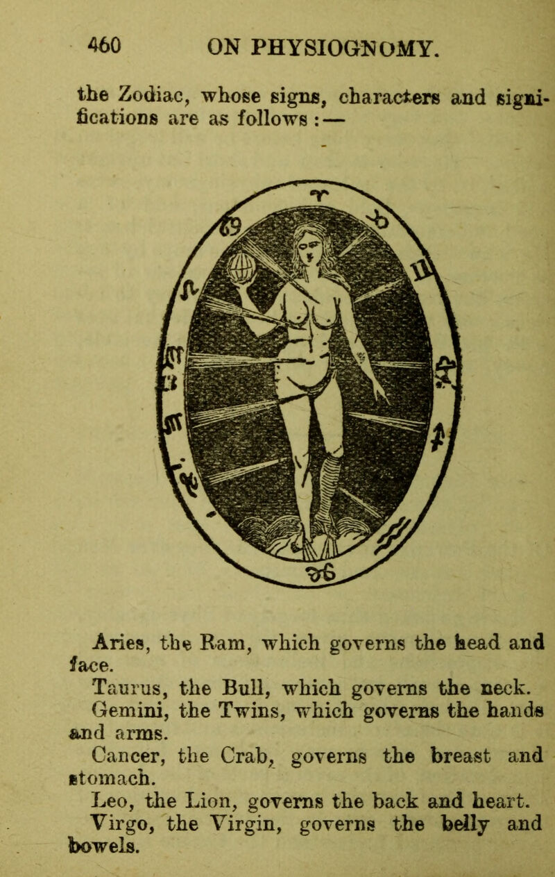 the Zodiac, whose signs, characters and signi- fications are as follows : — Aries, the Ram, which governs the head and face. Taurus, the Bull, which governs the neck. Gemini, the Twins, which governs the hands and arms. Cancer, the Crab, governs the breast and stomach. Leo, the Lion, governs the back and heart. Virgo, the Virgin, governs the belly and bowels.