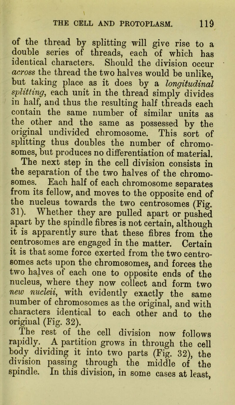 of the thread by splitting will give rise to a double series of threads, each of which has identical characters. Should the division occur across the thread the two halves would be unlike, but taking place as it does by a longitudinal splitting, each unit in the thread simply divides in half, and thus the resulting half threads each contain the same number of similar units as the other and the same as possessed by the original undivided chromosome. This sort of splitting thus doubles the number of chromo- somes, but produces no differentiation of material. The next step in the cell division consists in the separation of the two halves of the chromo- somes. Each half of each chromosome separates from its fellow, and moves to the opposite end of the nucleus towards the two centrosomes (Fig. 31). Whether they are pulled apart or pushed apart by the spindle fibres is not certain, although it is apparently sure that these fibres from the centrosomes are engaged in the matter. Certain it is that some force exerted from the two centro- somes acts upon the chromosomes, and forces the two halves of each one to opposite ends of the nucleus, where they now collect and form two new nucleii, with evidently exactly the same number of chromosomes as the original, and with characters identical to each other and to the original (Fig. 32). The rest of the cell division now follows rapidly. A partition grows in through the cell body dividing it into two parts (Fig. 32), the division passing through the middle of the spindle. In this division, in some cases at least,