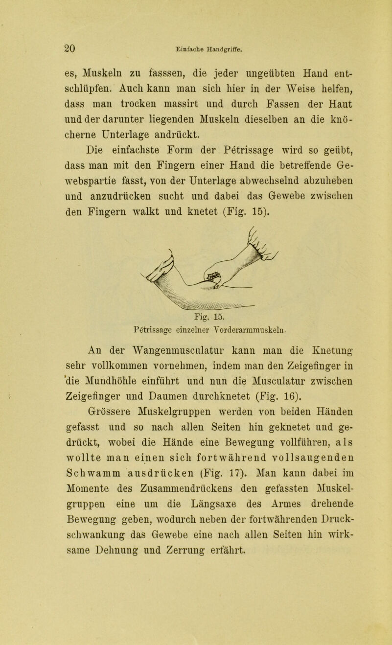 es, Muskeln zu f'asssen, die jeder ungeübten Hand ent- schlüpfen. Auch kann man sich hier in der Weise helfen, dass man trocken massirt und durch Fassen der Haut und der darunter liegenden Muskeln dieselben an die knö- cherne Unterlage andrückt. Die einfachste Form der Petrissage wird so geübt, dass man mit den Fingern einer Hand die betreffende Ge- webspartie fasst, von der Unterlage abwechselnd abzuheben und anzudrücken sucht und dabei das Gewebe zwischen den Fingern walkt und knetet (Fig. 15). Petrissage einzelner Vorderarmmuskeln. An der Wangenmusculatur kann man die Knetung sehr vollkommen vornehmen, indem man den Zeigefinger in 'die Mundhöhle einführt und nun die Musculatur zwischen Zeigefinger und Daumen durchknetet (Fig. 16). Grössere Muskelgruppen werden von beiden Händen gefasst und so nach allen Seiten hin geknetet und ge- drückt, wobei die Hände eine Bewegung vollführen, als wollte man einen sich fortwährend vollsaugenden Schwamm aus drücken (Fig. 17). Man kann dabei im Momente des Zusammendrückens den gefassten Muskel- gruppen eine um die Längsaxe des Armes drehende Bewegung geben, wodurch neben der fortwährenden Druck- schwankung das Gewebe eine nach allen Seiten hin wirk- same Dehnung und Zerrung erfährt.