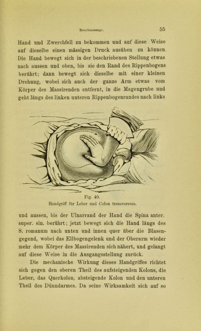 Hand und Zwerchfell zu bekommen und auf diese Weise auf dieselbe einen massigen Druck ausüben zu können. Die Hand bewegt sich in der beschriebenen Stellung etwas nach aussen und oben, bis sie den Rand des Rippenbogens berührt; dann bewegt sich dieselbe mit einer kleinen Drehung, wobei sich auch der ganze Arm etwas vom Körper des Massirenden entfernt, in die Magengrube und geht längs des linken unteren Rippenbogenrandes nach links Fig. 40. Handgriff für Leber und Colon transversum. o und aussen, bis der Ulnarrand der Hand die Spina anter. super, sin. berührt; jetzt bewegt sich die Hand längs des S. romanum nach unten und innen quer über die Blasen- gegend, wobei das Ellbogengelenk und der Oberarm wieder mehr dem Körper des Massirenden sich nähert, und gelangt auf diese Weise in die Ausgangsstellung zurück. Die mechanische Wirkung dieses Handgriffes richtet sich gegen den oberen Theil des aufsteigenden Kolons, die Leber, das Querkolon, absteigende Kolon und den unteren Theil des Dünndarmes. Da seine Wirksamkeit sich auf so
