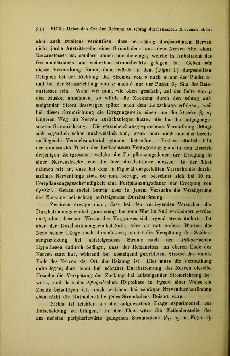 aber auch zweitens vermuthen, dass bei schräg durchströmtem Nerven nicht jede Austrittstelle eines Stromfadens aus dem Nerven Sitz eines Reizanstosses ist, sondern immer nur diejenige, welche in Anbetracht des Gesammtstromes am weitesten stromabwärts gelegen ist. Geben wir dieser Vermuthung Raum, dann würde in dem (Figur 1) dargestellten 'Beispiele bei der Richtung des Stromes von b nach a nur der Punkt aj und bei der Stromrichtung von a nach b nur der Punkt ß7 Sitz des Reiz- nnstosses sein. Wenn wir nun, wie oben geschah, auf der Seite von p den Muskel annehmen, so würde die Zuckung durch den schräg auf- steigenden Strom desswegen später nach dem Reizschlage erfolgen, weil bei dieser Stromrichtung die Erregungswelle einen um die Strecke ß7 otj längeren Weg im Nerven zurückzulegen hätte, als bei der entgegenge- setzten Stromrichtung. Die vorstehend ansgesprochene Vermuthung drängt sich eigentlich schon unabweislich auf, wenn man auch nur das bereits vorliegende Versuchsmaterial genauer betrachtet. Erstens nämlich fällt der numerische Werth der beobachteten Verzögerung ganz in den Bereich derjenigen Zeitgrössen, welche die Fortpflanzungsdauer der Erregung in einer Nervenstrecke wie die hier durchströmte messen. In der That nehmen wir an, dass bei dem in Figur 2 dargestelltcn Versuche die durch- strömte Nervenlänge etwa 60 mm. betrug, so berechnet sich bei 30 m. Fortpflanzungsgeschwindigkeit eine Fortpflanzungsdauer der Erregung von 0,002. Genau soviel betrug aber in jenem Versuche die Verzögerung der Zuckung bei schräg aufsteigender Durchströmung. Zweitens erwäge man, dass bei den vorliegenden Versuchen der Durchströmungswinkel ganz stetig bis zum Werthe Null verkleinert werden darf, ohne dass am Wesen des Vorganges sich irgend etwas ändert. Ist aber der Durchströmungswinkel-Null, oder ist mit andern Worten der Nerv seiner Länge nach durchflossen, so ist die Verspätung der Schlies- sungszuckung bei aufsteigendem Strome nach den Pflüger' sehen Hypothesen dadurch bedingt, dass der Reizanstoss am oberen Ende des Nerven statt hat, während bei absteigend gerichtetem Strome das untere Ende des Nerven der Ort der Reizung ist. Dies muss die Vermuthung nahe legen, dass auch bei schräger Durchströmung des Nerven dieselbe Ursache die Verspätung der Zuckung bei aufsteigender Stromrichtung be- wirkt, und dass der Pflüger'sehen Hypothese in irgend einer Weise ein Zusatz beizufügen ist, nach welchem bei schräger Ncrvendurchströmung eben nicht die Kathodenstelle jedes Stromfadens Reizort wäre. Nichts ist leichter als die aufgeworfene Frage experimentell zur Entscheidung zu bringen. In der That wäre die Kathodenstelle des am meisten peripheriewärts gelegenen Stromfadens (blt at in Figur 1),