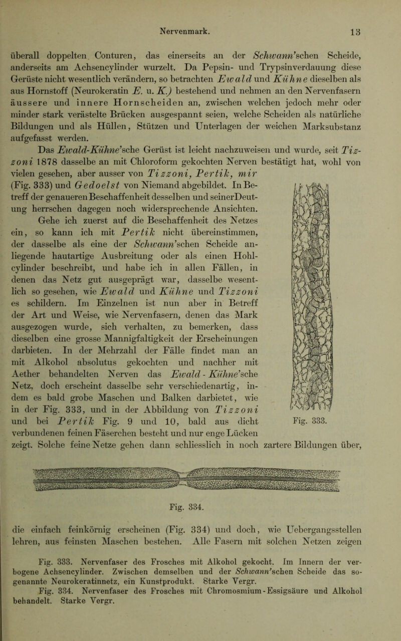 überall doppelten Conturen, das einerseits an der Schwann’sehen Scheide, anderseits am Achsencylinder wurzelt. Da Pepsin- und Trypsinverdauung diese Gerüste nicht wesentlich verändern, so betrachten Ewald und Kühne dieselben als aus Hornstoff (Neurokeratin E. u. K.) bestehend und nehmen an den Nervenfasern äussere und innere Hornscheiden an, zwischen welchen jedoch mehr oder minder stark verästelte Brücken ausgespannt seien, welche Scheiden als natürliche Bildungen und als Hüllen, Stützen und Unterlagen der weichen Marksubstanz aufgefasst werden. Das Ewald-Kühne’sehe Gerüst ist leicht nachzuweisen und wurde, seit Tiz- zoni 1878 dasselbe an mit Chloroform gekochten Nerven bestätigt hat, wohl von vielen gesehen, aber ausser von Tizzoni, Pertih, mir (Fig. 333) und Gedoelst von Niemand abgebildet. In Be- treff der genaueren Beschaffenheit desselben und seinerDeut- ung herrschen dagegen noch widersprechende Ansichten. Gehe ich zuerst auf die Beschaffenheit des Netzes ein, so kann ich mit Pertih nicht übereinstimmen, der dasselbe als eine der Schwann’sehen Scheide an- liegende hautartige Ausbreitung oder als einen Hohl- cylinder beschreibt, und habe ich in allen Fällen, in denen das Netz gut ausgeprägt war, dasselbe wesent- lich so gesehen, wie Ewald und Kühne und Tizzoni es schildern. Im Einzelnen ist nun aber in Betreff der Art und Weise, wie Nervenfasern, denen das Mark ausgezogen wurde, sich verhalten, zu bemerken, dass dieselben eine grosse Mannigfaltigkeit der Erscheinungen darbieten. In der Mehrzahl der Fälle findet man an mit Alkohol absolutus gekochten und nachher mit Aether behandelten Nerven das Eivald - Kühne’sehe Netz, doch erscheint dasselbe sehr verschiedenartig, in- dem es bald grobe Maschen und Balken darbietet, wie in der Fig. 333, und in der Abbildung von Tizzoni und bei Pertih Fig. 9 und 10, bald aus dicht verbundenen feinen Fäserchen besteht und nur enge Lücken zeigt. Solche feine Netze gehen dann schliesslich in noch zartere Bildungen über, Fig. 334. die einfach feinkörnig erscheinen (Fig. 334) und doch, wie Uebergangsstellen lehren, aus feinsten Maschen bestehen. Alle Fasern mit solchen Netzen zeigen Fig. 333. Nervenfaser des Frosches mit Alkohol gekocht. Im Innern der ver- bogene Achsencylinder. Zwischen demselben und der Schwann’sehen Scheide das so- genannte Neurokeratinnetz, ein Kunstprodukt. Starke Yergr. Fig. 334. Nervenfaser des Frosches mit Chromosmium-Essigsäure und Alkohol behandelt. Starke Yergr. Fig. 333.