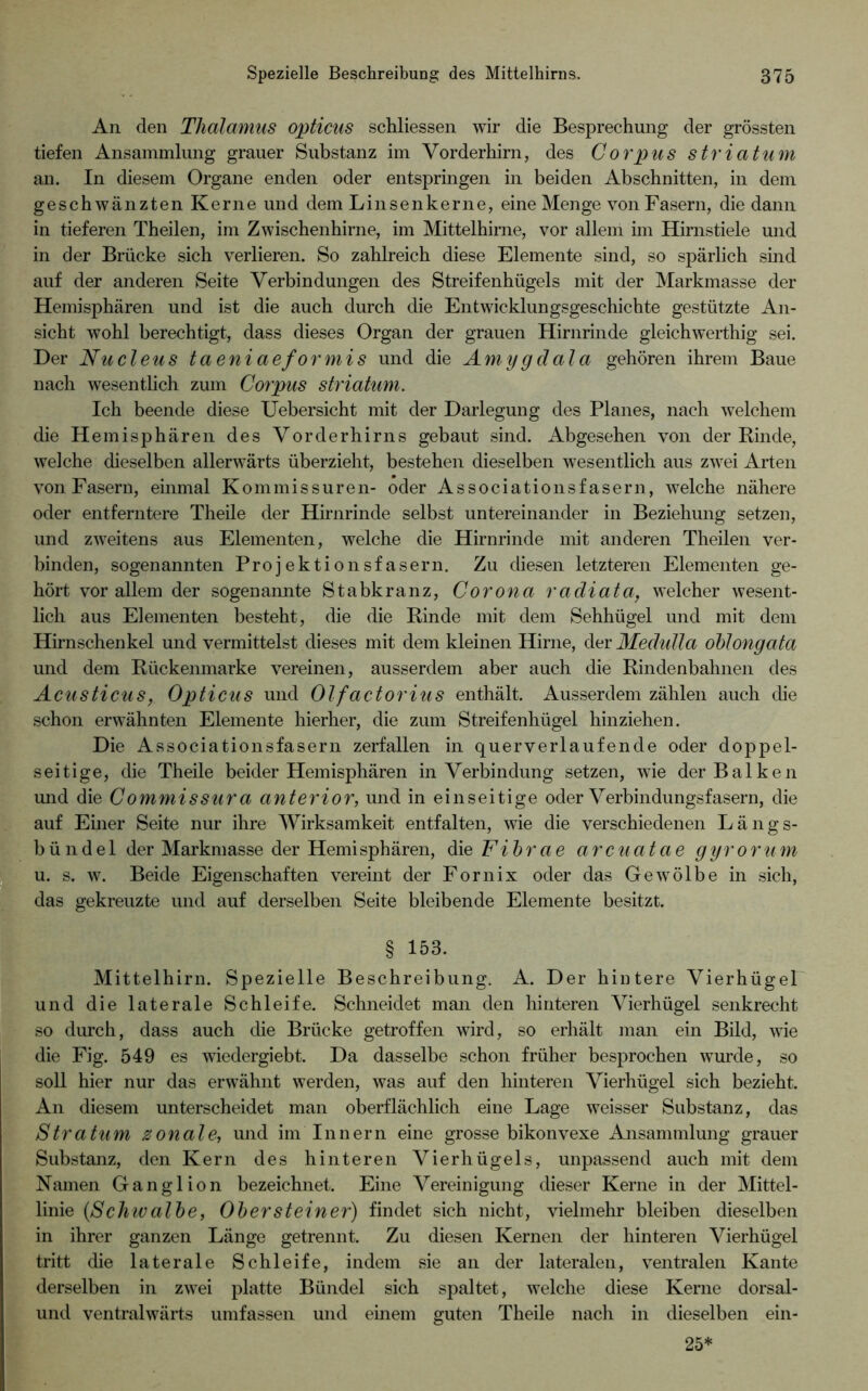 1 An den Thalamus opticus schliessen wir die Besprechung der grössten tiefen Ansammlung grauer Substanz im Vorderhirn, des Corpus Striatum an. In diesem Organe enden oder entspringen in beiden Abschnitten, in dem geschwänzten Kerne und dem Linsenkerne, eine Menge von Fasern, die dann in tieferen Theilen, im Zwischenhirne, im Mittelhirne, vor allem im Hirnstiele und in der Brücke sich verlieren. So zahlreich diese Elemente sind, so spärlich smd • auf der anderen Seite Verbindungen des Streifenhügels mit der Markmasse der ' Hemisphären und ist die auch durch die Entwicklungsgeschichte gestützte An- sicht wohl berechtigt, dass dieses Organ der grauen Hirnrinde gleichwerthig sei. Her Nucleus taeniaeformis und die Amygdala gehören ihrem Baue I nach wesentlich zum Corpus Striatum. ^ Ich beende diese Uebersicht mit der Darlegung des Planes, nach welchem die Hemisphären des Vorderhirns gebaut sind. Abgesehen von der Rinde, welche dieselben allerwärts überzieht, bestehen dieselben wesentlich aus zwei Arten von Fasern, einmal Kommissuren- oder Associationsfasern, welche nähere oder entferntere Theile der Hirnrinde selbst untereinander in Beziehung setzen, und zweitens aus Elementen, welche die Hirnrinde mit anderen Theilen ver- binden, sogenannten Projektionsfasern. Zu diesen letzteren Elementen ge- hört vor allem der sogenannte Stabkranz, Corona radiata, welcher wesent- lich aus Elementen besteht, die die Rinde mit dem Sehhügel und mit dem Hirnschenkel und vermittelst dieses mit dem kleinen Hirne, der Medulla ohlongata und dem Rückenmarke vereinen, ausserdem aber auch die Rindenbahnen des Acusticus, Opticus und Olfactorius enthält. Ausserdem zählen auch die schon erwähnten Elemente hierher, die zum Streifenhügel hinziehen. Die Associationsfasern zerfallen in querverlaufende oder doppel- seitige, die Theile beider Hemisphären in Verbindung setzen, wie der Balken mid die Conimissura anterior, mid in einseitige oder Verbindungsfasern, die auf Einer Seite nur ihre Wirksamkeit entfalten, wie die verschiedenen Längs- ii bündel der Markmasse der Hemisphären, dieFihrae arcuatae gyrorum ^^u. s. w. Beide Eigenschaften vereint der Fornix oder das Gewölbe in sich, das gekreuzte und auf derselben Seite bleibende Elemente besitzt. I § 153. ^ Mittelhirn. Spezielle Beschreibung, A. Der hintere Vierhügel und die laterale Schleife. Schneidet man den hinteren Vierhügel senkrecht so durch, dass auch die Brücke getroffen wird, so erhält man ein Bild, wie S' die Fig. 549 es wiedergiebt. Da dasselbe schon früher besprochen wurde, so soll hier nur das erwähnt werden, was auf den hinteren Vierhügel sich bezieht. L An diesem unterscheidet man oberflächlich eine Lage weisser Substanz, das m Stratum zonale, und im Innern eine grosse bikonvexe Ansammlung grauer » Substanz, den Kern des hinteren Vierhügels, unpassend auch mit dem Namen Ganglion bezeichnet. Eine Vereinigung dieser Kerne in der Mittel- linie (Schivalbe, Ober st einer) findet sich nicht, vielmehr bleiben dieselben in ihrer ganzen Länge getrennt. Zu diesen Kernen der hinteren Vierhügel tritt die laterale Schleife, indem sie an der lateralen, ventralen Kante derselben in zwei platte Bündel sich spaltet, welche diese Kerne dorsal- und ventralwärts umfassen und einem guten Theile nach in dieselben ein- 25*