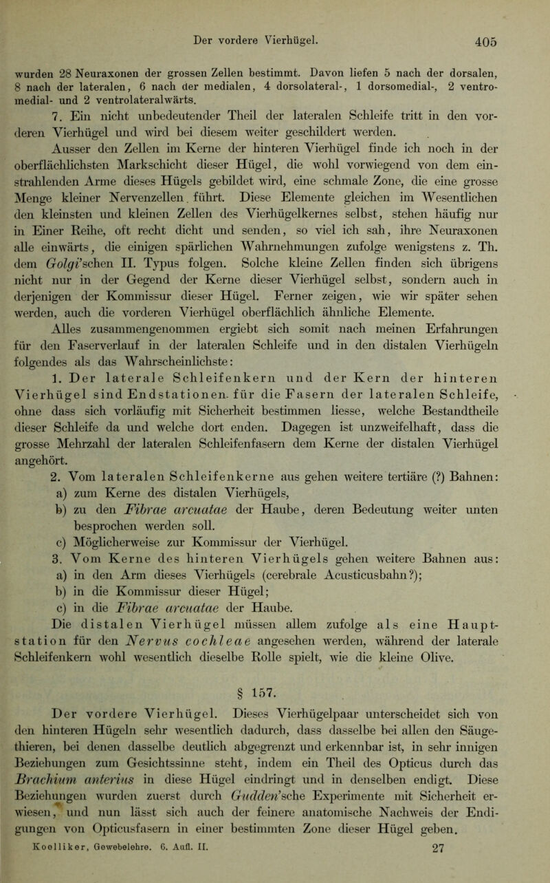 wurden 28 Neuraxonen der grossen Zellen bestimmt. Davon liefen 5 nach der dorsalen, 8 nach der lateralen, 6 nach der medialen, 4 dorsolateral-, 1 dorsomedial-, 2 ventro- medial- und 2 ventrolateralwärts. 7. Ein nicht unbedeutender Theil der lateralen Schleife tritt in den vor- deren Vierhügel und wird bei diesem weiter geschildert werden. Ausser den Zellen im Kerne der hinteren Vierhügel finde ich noch in der oberflächlichsten Markschicht dieser Hügel, die wohl vorwiegend von dem ein- strahlenden Arme dieses Hügels gebildet wird, eine schmale Zone, die eine grosse Menge kleiner Nervenzellen, führt. Diese Elemente gleichen im Wesentlichen den kleinsten und kleinen Zellen des Vierhügelkernes selbst, stehen häufig nur in Einer Reihe, oft recht dicht und senden, so viel ich sah, ihre Neuraxonen alle einwärts, die einigen spärlichen Wahrnehmungen zufolge wenigstens z. Th. dem fro^^f’schen II. Typus folgen. Solche kleine Zellen finden sich übrigens nicht nur in der Gegend der Kerne dieser Vierhügel selbst, sondern auch in derjenigen der Kommissur dieser Hügel. Ferner zeigen, wie wir später sehen werden, auch die vorderen Vierhügel oberflächlich ähnliche Elemente. Alles zusammengenommen ergiebt sich somit nach meinen Erfahrungen für den Faserverlauf in der lateralen Schleife und in den distalen Vierhügeln folgendes als das Wahrscheinhchste: 1. Der laterale Schleifenkern und der Kern der hinteren Vierhügel sind Endstationen, für die Fasern der lateralen Schleife, ohne dass sich vorläufig mit Sicherheit bestimmen Hesse, welche Bestandtheile dieser Schleife da und welche dort enden. Dagegen ist imzweifelhaft, dass die grosse Mehrzahl der lateralen Schleifenfasern dem Kerne der distalen Vierhügel angehört. 2. Vom lateralen Schleifenkerne aus gehen weitere tertiäre (?) Bahnen: a) zum Kerne des distalen Vierhügels, b) zu den Fibrae arcuatae der Haube, deren Bedeutung weiter unten besprochen werden soll. c) Möglicherweise zur Kommissur der Vierhügel. 3. Vom Kerne des hinteren Vierhügels gehen w^eitere Bahnen aus: a) in den Arm dieses Vierhügels (cerebrale Acusticusbahn?); b) in die Kommissur dieser Hügel; c) in die Fibrae arcuatae der Haube. Die distalen Vierhügel müssen allem zufolge als eine Haupt- station für den Nervus cochleae angesehen werden, während der laterale Schleifenkern wohl wesentlich dieselbe Rolle spielt, wie die kleine Olive. § 157. Der vordere Vierhügel. Dieses Vierhügelpaar unterscheidet sich von den hinteren Hügeln sehr wesentlich dadurch, dass dasselbe hei allen den Säuge- thieren, bei denen dasselbe deutlich abgegrenzt und erkennbar ist, in sehr innigen Beziehungen zum Gesichtssinne steht, indem ein Theil des Opticus durch das Brachium anterins in diese Hügel eindringt und in denselben endigt. Diese Beziehungen wurden zuerst durch GuddeF^ohe Experimente mit Sicherheit er- wiesen, und nun lässt sich auch der feinere anatomische Nachweis der Endi- gungen von Opticusfasern in einer bestimmten Zone dieser Hügel geben. Koolliker, Gewebelehre. 6. Aull. II. 27