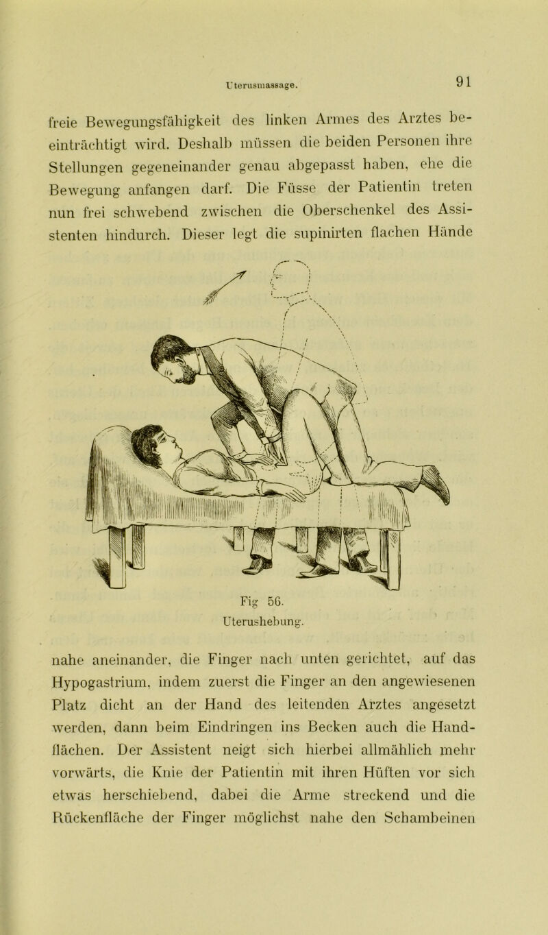 freie Bewegungsfähigkeit des linken Armes des Arztes be- einträchtigt wird. Deshalb müssen die beiden Personen ihre Stellungen gegeneinander genau abgepasst haben, ehe die Bewegung anfangen darf. Die Füsse der Patientin treten nun frei schwebend zwischen die Oberschenkel des Assi- stenten hindurch. Dieser legt die supinirten flachen Hände Fig 56. Uterushebung. nahe aneinander, die Finger nach unten gerichtet, auf das Hypogastrium, indem zuerst die Finger an den angewiesenen Platz dicht an der Hand des leitenden Arztes angesetzt werden, dann beim Eindringen ins Becken auch die Hand- flächen. Der Assistent neigt sich hierbei allmählich mehr vorwärts, die Knie der Patientin mit ihren Hüften vor sich etwas herschiebend, dabei die Arme streckend und die Rückenfläche der Finger möglichst nahe den Schambeinen
