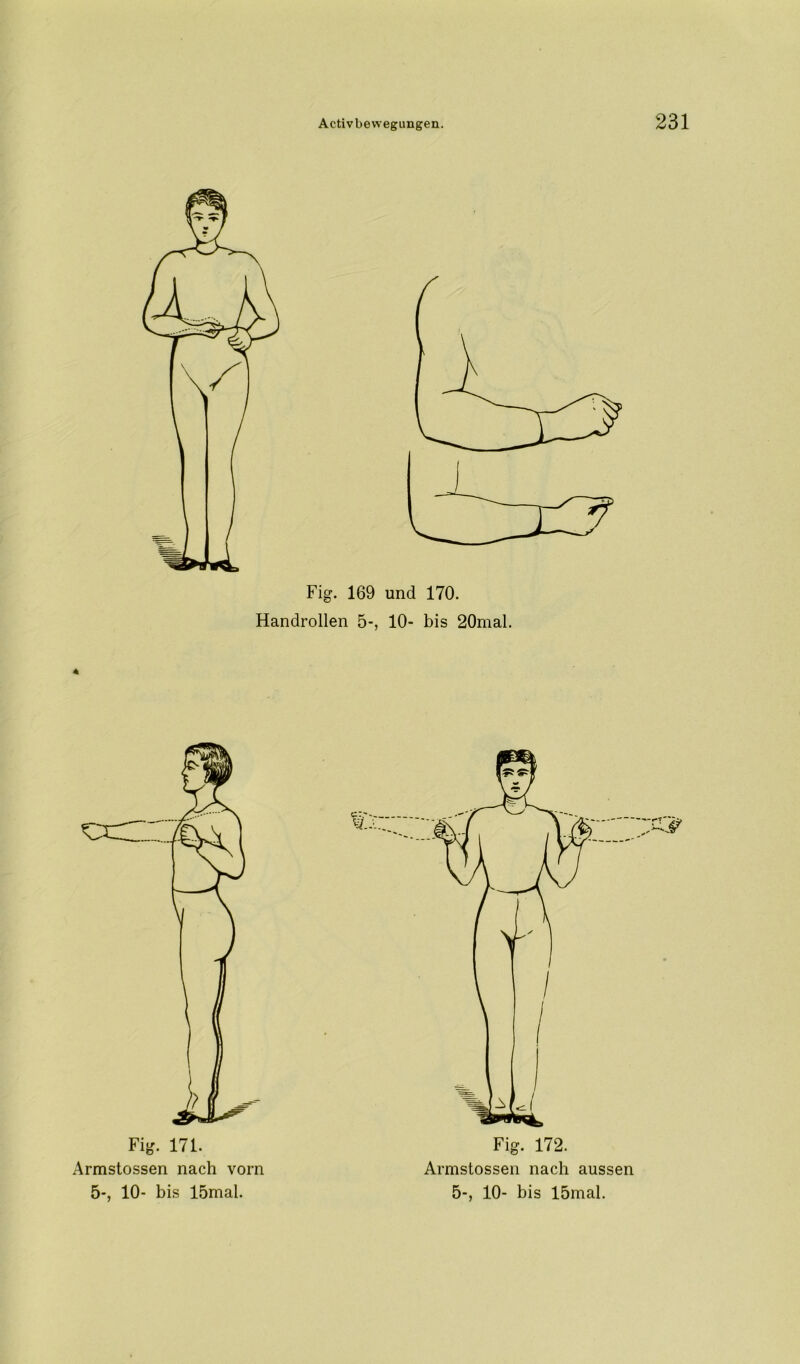 Fig. 169 und 170. Handrollen 5-, 10- bis 20mal. 4 Fig. 171. Armstossen nach vorn Fig. 172. Armstossen nach aussen