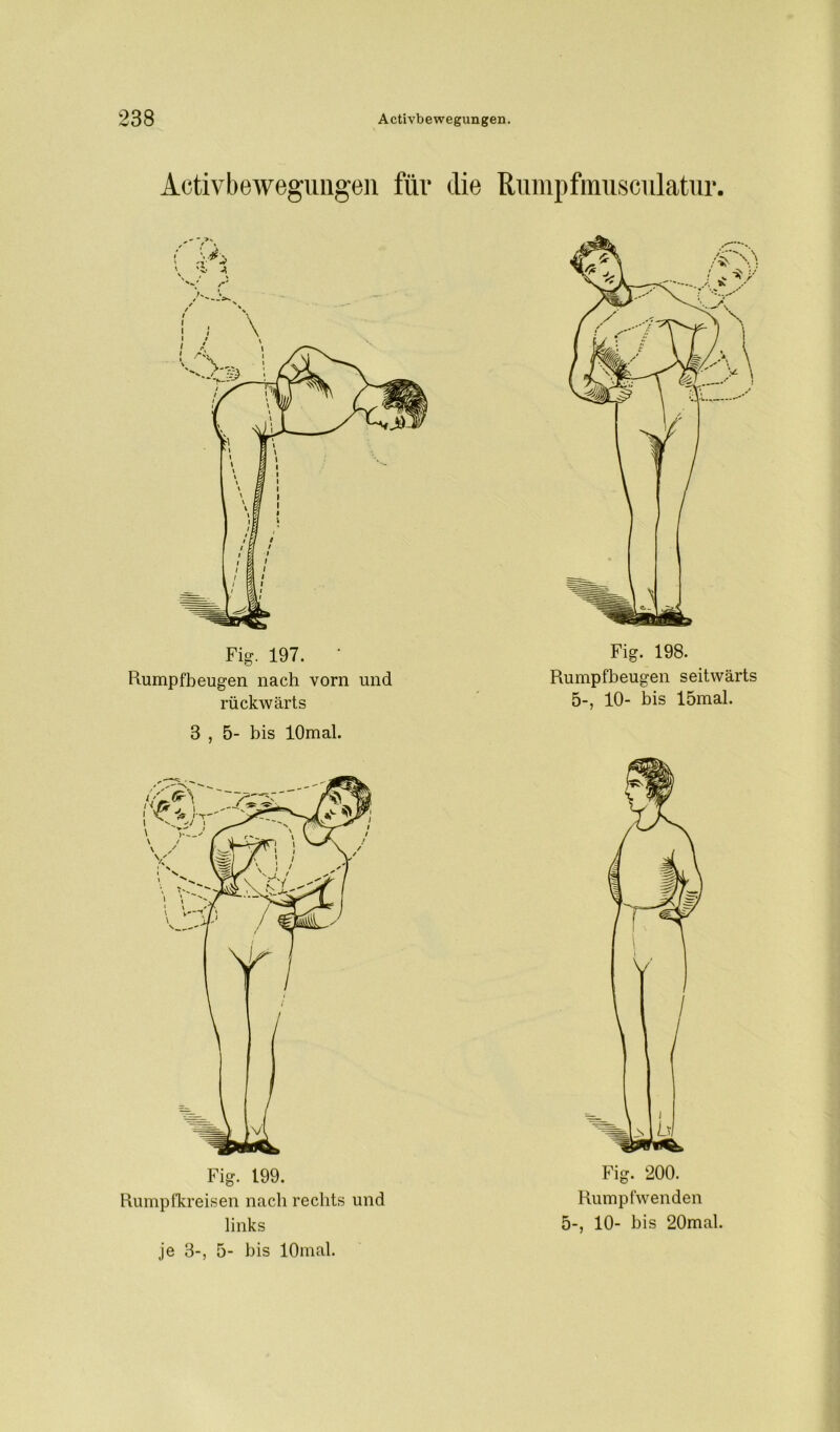 Aotivbewegungen für die Rumpfmusculatur. Fig. 197. Rumpfbeugen nach vom und rückwärts 3 , 5- bis lOmal. Fig. 199. Rumpfkreisen nach rechts und links je 3-, 5- bis lOmal. Fig. 198. Rumpfbeugen seitwärts 5-, 10- bis 15mal. Fig. 200. Rumpfwenden 5-, 10- bis 20mal.