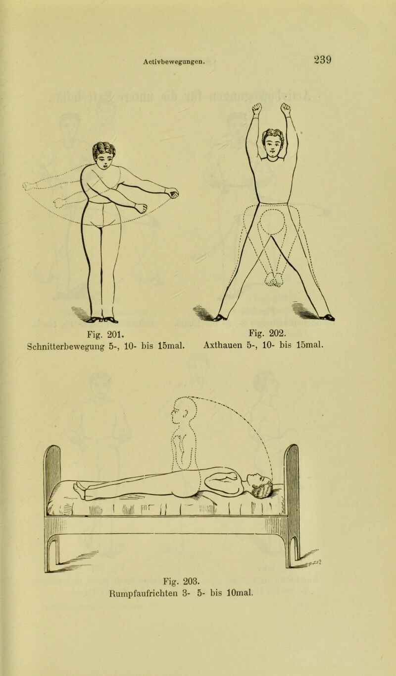 c Fig. 201. Schnitterbewegung 5-, 10- bis 15mal. Fig. 202. Axthauen 5-, 10- bis 15mal Fig. 203. Rumpfaufrichten 3- 5- bis lOmal.