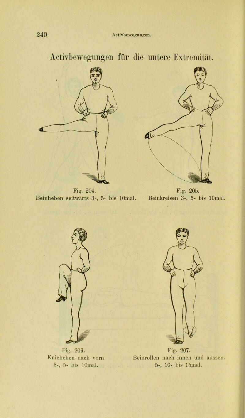 Activbewegungen für die untere Extremität. Fig. 204. Beinheben seitwärts 3-, 5- bis lOmal. Fig. 205. Beinkreisen 3-, 5- bis lOmal. Fig. 206. Kniebeben nach vorn Fig. 207. Beinrollen nach innen und aussen.