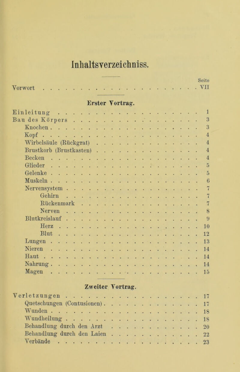 Inlialtsverzeichniss. Seito Vorwort VII Erster Vortrag. Einleitung 1 Bau des Körpers 3 Knochen 3 Kopf 4 Wirbelsäule (Rückgrat) 4 Brustkorb (Brustkasten) 4 Becken 4 Glieder 5 Gelenke 5 Muskeln 6 Nervensystem 7 Gehirn 7 Rückenmark 7 Nerven 8 Blutkreislauf 9 Herz 10 Blut 12 Lungen 13 Nieren 14 Haut 14 Nahrung 14 Magen 15 Zweiter Vortrag. Verletzungen 17 Quetschungen (Contusionen) 17 Wunden 18 Wundheilung 18 Behandlung durch den Arzt 20 Behandlung durch den Laien 22 Verbände 23