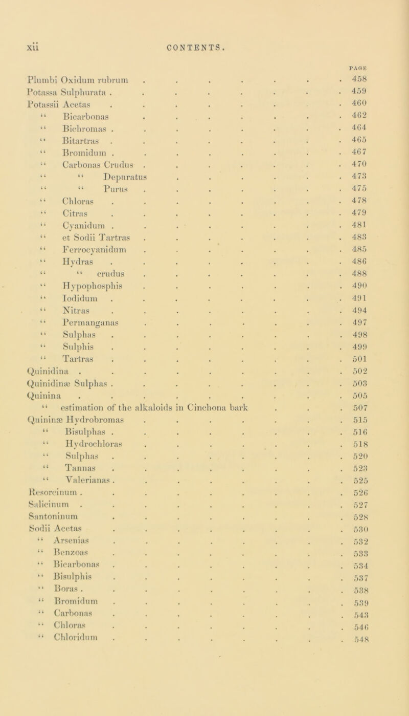 Plumb! Oxidum rubrum Potassa Sulphurata . Potassii Acetas “ Bicarbonag “ Bichromas . “ Bitartras “ Bromidum . “ Carbonas Crudug “ “ Depuratu 44 44 Purus 4 Chloras ‘ Citras 4 Cyanidum . 4 et Sodii Tartras 4 Ferrocyanidum 4 Hydras 4 4 4 crudus 4 Hypophosphis ‘ lodidum 4 Nitras 44 Permanganas 44 Sulphas 4* Sulphis 4 4 T artras Quinidina . Quinidime Sulphas . Quinina 44 estimation of the alkaloids Quininae Hydrobromas 44 Bisulphas . Hydrochloras 44 Sulphas 44 Tannas 44 Yalerianas Resorcinum . Salicinum Santoninum Sodii Acetas 44 Arsenias 44 Benzoas “ Bicarbonas “ Bisulphis “ Boras . “ Bromidum 44 Carbonas 44 Chloras 44 Chloridum n Cine! ona bai V PAOK 458 459 460 462 464 465 467 470 473 475 478 479 481 483 485 486 488 490 491 494 497 498 499 501 502 503 505 507 515 516 518 520 523 525 526 527 528 530 532 533 534 53 7 538 539 543 546 548