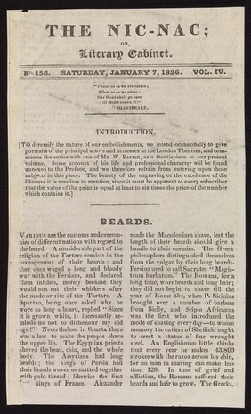 The Nic-nac; or, Literary cabinet. No.158, Saturday, January 7, 1826. Vol. IV. Beards.