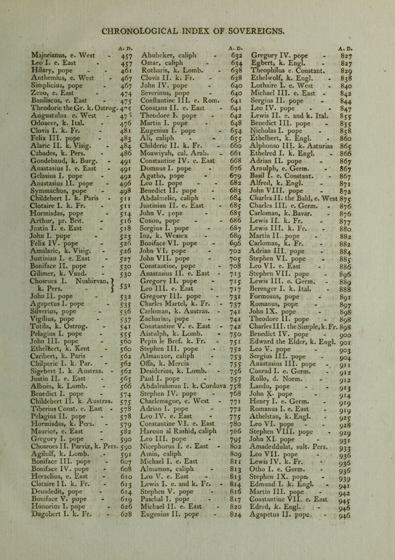 Majorianus, e. West a. n. 457 Abubeker, caliph A. D. 632 Leo I. e. East 457 Omar, caliph 634 Hilary, pope 461 Rotharis, k. Lomb. 638 Anthemius, e. West 467 Clovis II. k. Fr. 638 Simplicius, pope 467 John IV. pope 640 Zeno, e. East 474 Severinus, pope 640 Basiliscus, e. East 475 Conftantine III. e. Rom. 641 Theodoric theGr. k. Ostrog. • 4W Consigns II. e. East 641 Augustulus e. West 47 ' Theodore I. pope 642 Odoacer, k. Ital. 476 Martin I. pope 648 Clovis I. k. Fr. 481 Eugenius I. pope 654 Felix III. pope 483 Ali, caliph 655 Alaric II. k. Visig. 484 Childeric II. k. Fr. 660 Cabades, k. Pers. 486 Moawiyah, cal. Arab. 661 Gondebaud, k. Burg. 491 Constantine IV. e. East 668 Anastasius I. e. East 491 Domnus I. pope 676 Gelasius I. pope 492 Agatho, pope 679 Anastasius 11. pope 496 Leo II. pope 682 Symmachus, pope 498 Benedict II. pope 683 Childebert I. k. Paris 511 Abdalmelic, caliph 684 Clotaire I. k. Fr. 511 Justinian II. e. East 685 Hormisdas, pope 5H John V. pope 685 Arthur, pr. Brit. 516 Conon, pope 686 Justin I. e. East 518 Sergius 1. pope 687 John I. pope 523 Ina, k. Wessex 689 Felix IV. pope 526 Boniface VI. pope 696 Amalaric, k. Visig. 526 John VI.- pope 702 Justinian I. e. East 527 John VII. pope 705 Boniface II. pope 530 Constantine, pope 708 Gilimer, k. Vand. 53° Anastasius II. e. East 7J3 Chosroes I. Nushirvan, 7 Gregory II. pope 7i5 k. Pers. - J 531 Leo III. e. East 717 John II. pope 532 Gregory III. pope 73i Agapetus I. pope 535 Charles Martel, k. Fr. 737 Silverius, pope 536 Carloman, k. Austras. 741 Vigilius, pope 537 Zacharias, pope 741 Totila, k. Ostrog. 541 Constantine V. e. East 742 Pelagius I. pope 555 Aistulph, k. Lomb. 75° John III. pope 560 Pepin le Bref. k. Fr. 75i Ethelbert, k. Kent 560 Stephen III. pope 752 Caribert, k. Paris 562 Almanzor, caliph 753 Chilperic I. k. Par. 562 Offa, k. Mercia 755 Sigebert I. k. Austras. 562 Desiderius, k. Lomb. 756 Justin II. e. East 5^5 Paul I. pope 757 Alboin, k. Lomb. 566 Abdalrahman I. k. Cordova 758 Benedict I. pope 574 Stephen IV. pope 768 Childebert II. k. Austras. 575 Charlemagne, e. West 771 Tiberius Const, e. East - 578 Adrian I. pope 772 Pelagius II. pope 578 Leo IV. e. East 775 Hormisdas, k. Pers. 579 Constantine VI. e. East 780 Maurice, e. East 582 Haroun al Rashid, caliph 786 Gregory I. pope 59° Leo III. pope 795 Chosroes II. Parviz, k. Pers. 1 59° Nicephorus I. e. East 802 Agilulf, k. Lomb. 591 Amin, caliph 809 Boniface III. pope 607 Michael I. e. East 811 Boniface IV. pope 608 Almamon, caliph 813 Heraclius, e. East 610 Leo V. e. East 813 Clotaire 11. k. Fr. 613 Lewis I. e. and k. Fr. 814 Deusdedit, pope 614 Stephen V. pope 816 Boniface V. pope 619 Paschal I. pope 817 Honorius I. pope 626 Michael II. e. East 820 Dagobert I. k. Fr, 628 Eugenius II. pope 824 A. D. Gregory IV. pope - 827 Egbert, k. Engl. - 827 Theophilus e. Constant. 829 Ethelwolf, k. Engl. - 838 Lothaire I. e. West - 840 Michael III. e. East - 842 Sergius II. pope - 844 Leo IV. pope - - 847 Lewis II. e. and k. Ital. 855 Benedict III. pope - 855 Nicholas I. pope - 858 Ethelbert, k. Engl. - 860 Alphonso III. k. Asturias 865 Ethelred I. k. Engl. - 866 Adrian II. pope - 867 Arnulph, e. Germ. - 867 Basil I. e. Constant. - 867 Alfred, k. Engl. - 871 John VIII. pope - 872 Charles II. the Bald, e. West 875 Charles III. e. Germ. - 876 Carloman, k. Bavar. - 876 Lewis II. k. Fr. - 877 Lewis III. k. Fr. - 880 Martin II. pope - 882 Carloman, k. Fr. - 882 Adrian III. pope - 884 Stephen VI. pope . 885 Leo VI. e. East - 886 Stephen VII. pope Lewis III. e-. Germ. Berenger I. k. Ital. Formosus, pope Romanus, pope John IX. pope Theodore II. pope Charles III. the Simple, k. Fr Benedict IV. pope Edward the Elder, k. Engl. Leo V. pope Sergius III. pope Anastasius III. pope Conrad I. e. Germ. Rollo, d. Norm. Lando, pope John X> pope Henry I. e. Germ. Romanus I. e. East Athelstan, k. Engl. Leo VI. pope Stephen VIII. pope John XI- pope Amadeddulat, suit. Pers. Leo VII. pope Lewis IV. k. Fr. Otho I. e. Germ. Stephen IX. popa- Edmund I. k. Engl. Martin III. pope Constantine VII. e. East Edred, k. Engl. Agapetus II. pope 896 889 888 891 897 898 898 898 900 901 903 904 911 912 912 9*3 914 9*9 9l9 925 928 929 93i 933 936 936 936 939 941 942 945 946 946