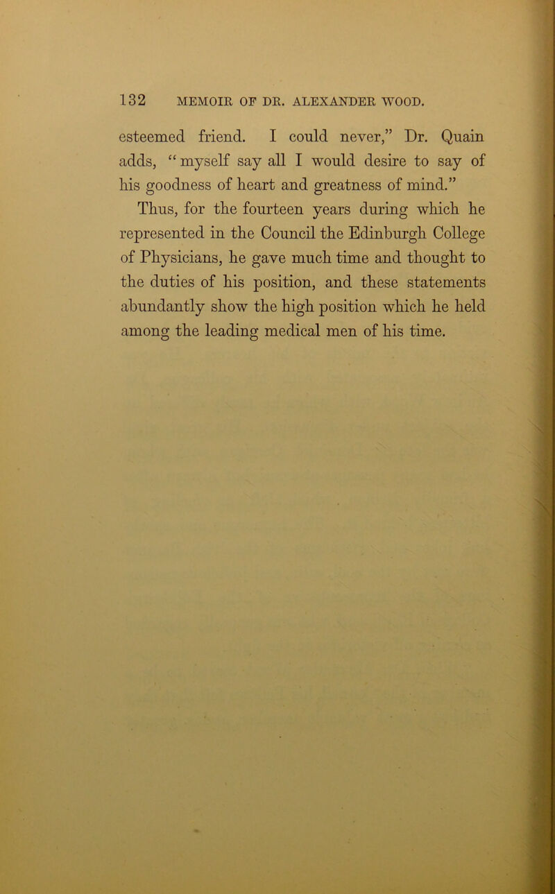 esteemed friend. I could never,” Dr. Quain adds, “ myself say all I would desire to say of his goodness of heart and greatness of mind.” Thus, for the fourteen years during which he represented in the Council the Edinburgh College of Physicians, he gave much time and thought to the duties of his position, and these statements abundantly show the high position which he held among the leading medical men of his time.