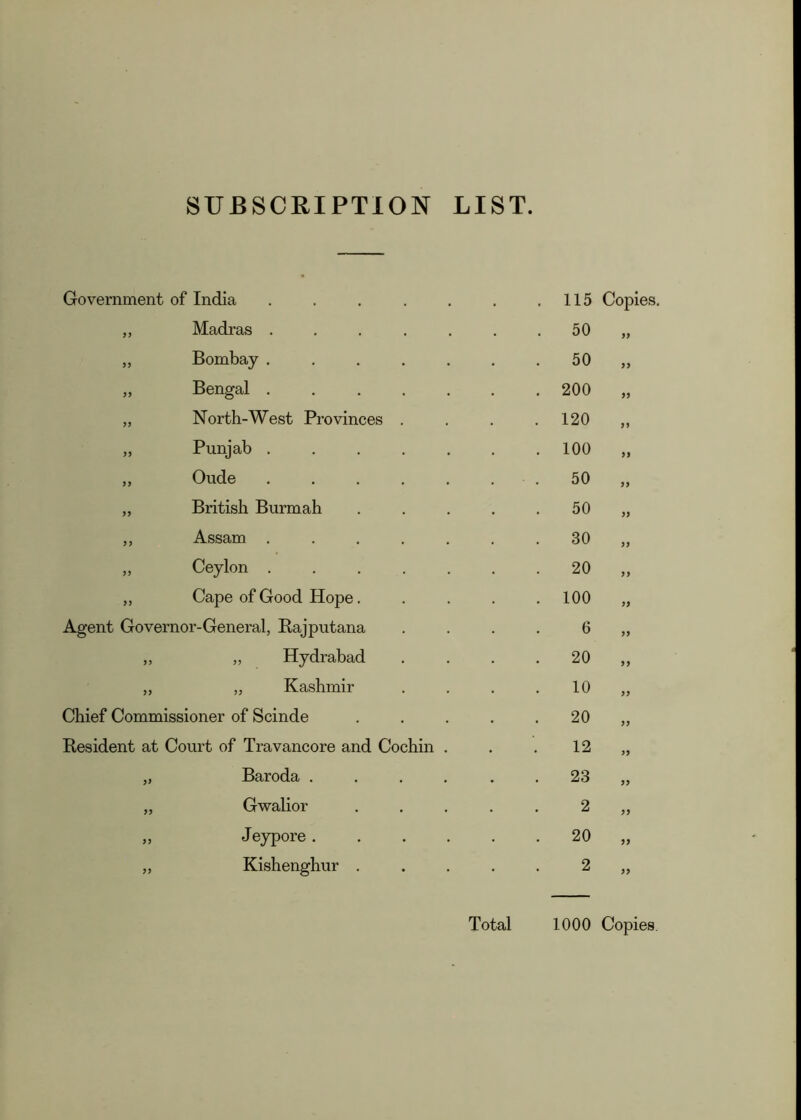 SUBSCRIPTION LIST. Government of India „ Madras . „ Bombay . „ Bengal . „ North-West Provinces „ Punjab . „ Oude „ British Burmah ,, Assam . „ Ceylon . ,, Cape of Good Hope. Agent Governor-General, Bajputana ,, ,, Hydrabad „ „ Kashmir Chief Commissioner of Scinde Resident at Court of Travancore and Cochin „ Baroda . „ Gwalior „ Jeypore. „ Kishenghur . 115 Copies, 50 50 200 120 100 50 50 30 20 100 6 20 10 20 12 23 2 20 2 if if if if if if Total 1000 Copies