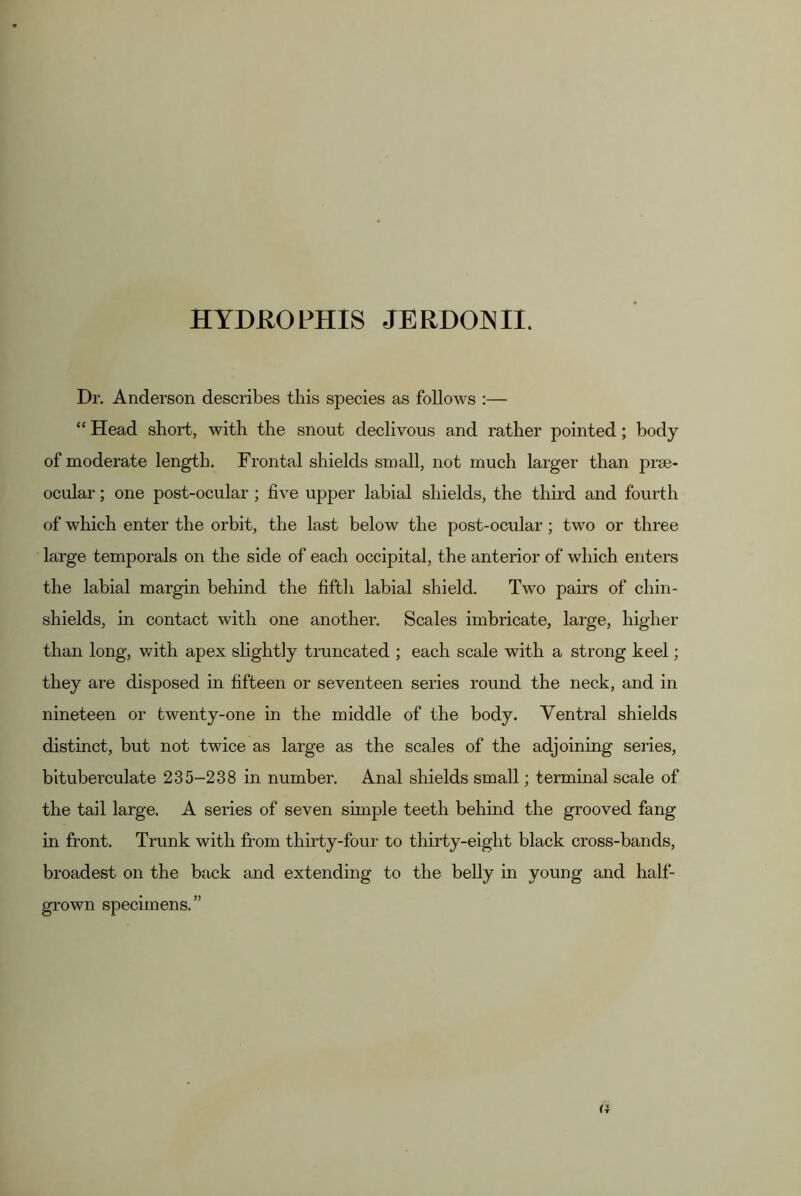 HYDJROPHIS JERDOMI. Dr. Anderson describes this species as follows :— “ Head short, with the snout declivous and rather pointed; body of moderate length. Frontal shields small, not much larger than prse- ocular; one post-ocular ; five upper labial shields, the third and fourth of which enter the orbit, the last below the post-ocular; two or three large temporals on the side of each occipital, the anterior of which enters the labial margin behind the fiftli labial shield. Two pairs of chin- shields, in contact with one another. Scales imbricate, large, higher than long, with apex slightly truncated ; each scale with a strong keel; they are disposed in fifteen or seventeen series round the neck, and in nineteen or twenty-one in the middle of the body. Ventral shields distinct, but not twice as large as the scales of the adjoining series, bituberculate 235-238 in number. Anal shields small; terminal scale of the tail large. A series of seven simple teeth behind the grooved fang in front. Trunk with from thirty-foui' to thirty-eight black cross-bands, broadest on the back and extending to the belly in young and half- grown specimens.”