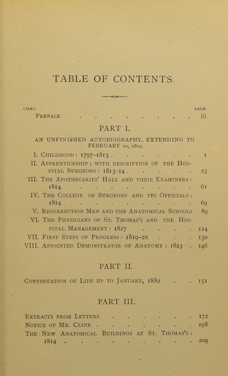 TABLE OF CONTENTS. CHAP. PAGE Preface PART I. • . iii AN UNFINISHED AUTOBIOGRAPHY, EXTENDING TO FEBRUARY lo, 1823. I. Childhood : 1797-1813 i II. Apprenticeship ; with description of the Hos- pital Surgeons : 1813-14 23 'III. The Apothecaries’ Hall and their Examiners : 1814 ........ 61 IV. The College of Surgeons and its Officials : 1814 69 V. Resurrection Men and the Anatomical Schools 89 VI. The Physicians of St. Thomas’s and the Hos- pital Management: 1817 . . . .114 VII. First Steps of Progress : 1819-22 . . . 130 VIII. Appointed Demonstrator of Anatomy : 1823 . 146 PART II. Continuation of Life up to January, 1882 . .151 PART III. Extracts from Letters 172 Notice of Mr. Cline 198 The New Anatomical Buildings at St. Thomas’s : 1814 . ........ 209