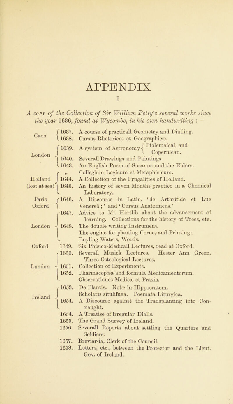 APPENDIX I A copy of the Collection of Sir 'William Petty's several works since the year 163Q, found at Wycombe, in his own handwriting : — Caen London flG37. 11638. f 1639. J 1640. 1 1643. r Holland (lost at sea) < 1644. 1645. Paris r 1646. Oxford \ r1647. London < 1648. Oxford London 1649. r 1650. < 1651. 1652. Ireland , 1653. < 1654. 1654. 1655. 1656. 1657. 1658. A course of practicall Geometry and Dialling. Cursus Rhetorices et Geographic®. A , r A , f Ptolemaical, and A system of Astronomy < I Copermcan. Severall Drawings and Paintings. An English Poem of Susanna and the Elders. Collegium Logicmn et Metaphisicum. A Collection of the Frugalities of Holland. An history of seven Months practice in a Chemical Laboratory. A Discourse in Latin, ‘ de Arthritide et Lue Venerea ; ’ and ‘ Cursus Anatomicus.’ Advice to Mr. Hartlib about the advancement of learning. Collections for the history of Trees, etc. The double writing Instrument. The engine for planting Corne,- and Printing ; Boyling Waters, Woods. Six Phisico-Medicall Lectures, read at Oxford. Severall Musick Lectures. Hester Ann Green. Three Osteological Lectures. Collection of Experiments. Pharmacopcea and formula Medicamentorum. Observationes Medic® et Praxis. De Plantis. Notae in Ilippocratem. Scholaris situlifuga. Poemata Liturgica. A Discourse against the Transplanting into Con- naught. A Treatise of irregular Dialls. The Grand Survey of Ireland. Severall Reports about settling the Quarters and Soldiers. Breviar-ia, Clerk of the Council. Letters, etc., between the Protector and the Lieut. Gov. of Ireland.