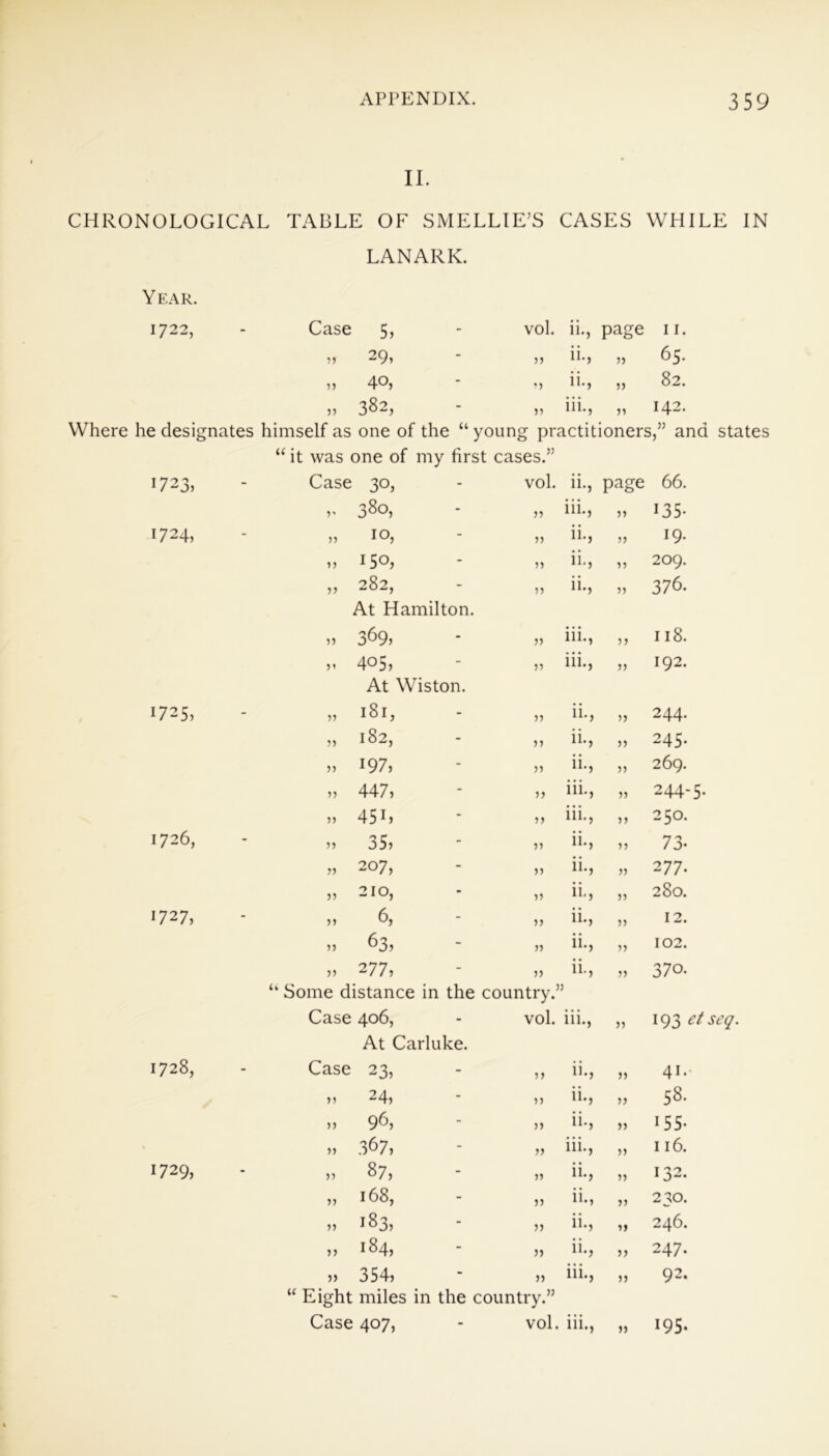 II. CHRONOLOGICAL TABLE OF SMELLIE’S CASES WHILE IN LANARK. Year. 1722, Case 5, vol. ii., page 11. ,J 29, ,, ii., ,, 65. 5, 40, ,, ii., ,, 82. 5, 382, ,, iii., ,, 142. Where he designates himself as one of the “ young practitioners,” and states “ it was one of my first cases.” 1723, Case 30, vol. ii., page 66. v 380, ,, iii., ,, 13 5- 1724, ,, 10, ,, ii., ,, 19. ,, 150, ,, ii., ,, 209. ,, 282, At Hamilton. ,, ii., ,, 376. ,, 369, ,, iii., ,, 118. ,* 405, At Wiston. ,, iii., ,, 192. 1725, 5, 181, ,, ii., ,, 244. ,, 182, ,, ii., ,, 245. ,, 197, ,, ii., ,, 269. ,, 447, ,, iii., ,, 244-5. ,, 45L ,, iii., ,, 250. 1726, ,, 35, ,, ii., ,, 73- ,, 207, ,, ii., ,, 277. ,, 210, ,, ii., ,, 280. 1727, ,, 6, ,, ii., ,, 12. ,, 63, ,, ii., ,, 102. „ 2 77, “ Some distance in the ,, country.’ ii., ) ,, 370. Case 406, At Carluke. vol. iii., ,, 193 et seq. 1728, Case 23, ,, ii., ,, 41. », 24, ,, ii., ,, 58. ,, 96, ,, ii., ,, 155- », 367, ,, iii., ,, 116. 1729, 55 87, ,, ii., ,, 132. ,, 168, ,, ii., ,, 230. ,, 183, ,, ii., 246. ,, 184, ,, ii., ,, 247. - )> 354) ■ )) “ Eight miles in the country.” iii., ,, 92. Case 407, vol. iii., ,, 195.