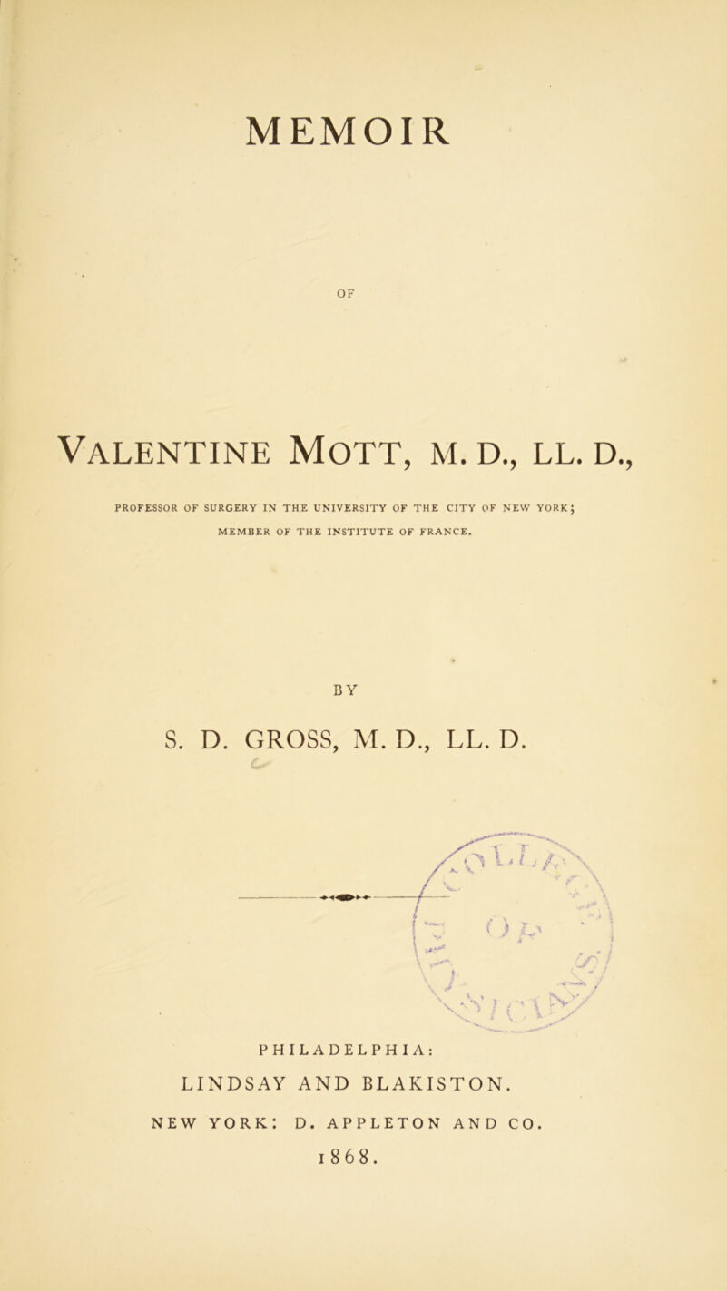 MEMOIR OF Valentine Mott, m. d., ll. d., PROFESSOR OF SURGERY IN THE UNIVERSITY OF THE CITY OF NEW YORK j MEMBER OF THE INSTITUTE OF FRANCE. BY S. D. GROSS, M. D., LL. D. PHILADELPHIA: LINDSAY AND BLAKISTON. NEW YORK: D. APPLETON AND CO.