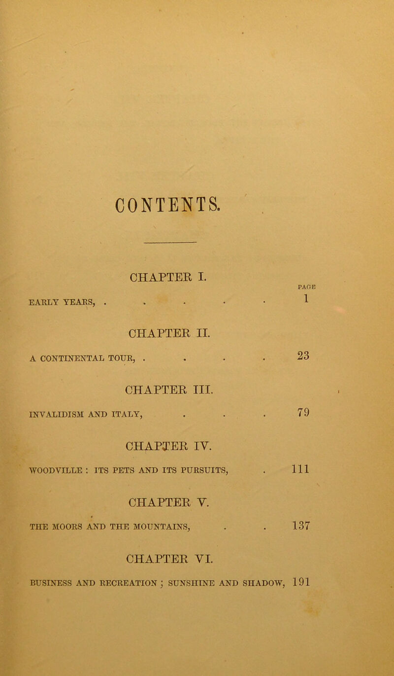 CONTENTS, CHAPTER I. PAGE EARLY YEARS, ...••! CHAPTER II. A CONTINENTAL TOUR, . . . .23 CHAPTER III. INVALIDISM AND ITALY, . . . 79 CHAPTER IV. WOODVILLE : ITS PETS AND ITS PURSUITS, . Ill CHAPTER V. THE MOORS AND THE MOUNTAINS, . . 137 CHAPTER VI. BUSINESS AND RECREATION ; SUNSHINE AND SHADOW, 191