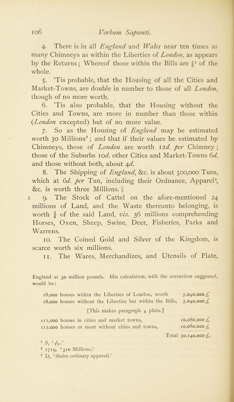 4. There is in all England and Wales near ten times as many Chimneys as within the Liberties of London, as appears by the Returns; Whereof those within the Bills are £l of the whole. 5. ’Tis probable, that the Housing of all the Cities and Market-Towns, are double in number to those of all London, though of no more worth. 6. ’Tis also probable, that the Housing without the Cities and Towns, are more in number than those within (.London excepted) but of no more value. 7. So as the Housing of England may be estimated worth 30 Millions2; and that if their values be estimated by Chimneys, those of London are worth 12d. per Chimney; those of the Suburbs 10d. other Cities and Market-Towns 6d. and those without both, about 4d. 8. The Shipping of England, &c. is about 500,000 Tuns, which at 6d. per Tun, including their Ordnance, Apparel3, &c. is worth three Millions. || 9. The Stock of Cattel on the afore-mentioned 24 millions of Land, and the Waste thereunto belonging, is worth \ of the said Land, viz. 36 millions comprehending Horses, Oxen, Sheep, Swine, Deer, Fisheries, Parks and Warrens. 10. The Coined Gold and Silver of the Kingdom, is scarce worth six millions. 11. The Wares, Merchandizes, and Utensils of Plate, England at 30 million pounds. His calculation, with the correction suggested, would be: 28,000 houses within the Liberties of London, worth 5,040,000^ 28,000 houses without the Liberties but within the Bills, 5,040,000^ [This makes paragraph 4 plain.] 112,000 houses in cities and market towns, 10,080,000 112,000 houses or more without cities and towns, 10,080,000^ Total 30,240,000 1 C ( 1 » 2 1719, ‘ 310 Millions.’