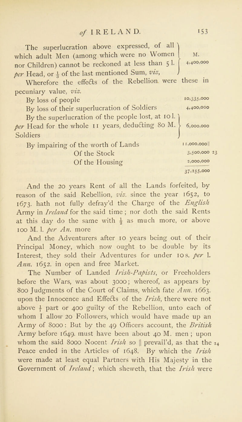 M. 4,400,000 The superlucration above expressed, of all ' which adult Men (among which were no Women nor Children) cannot be reckoned at less than 5 1- per Head, or ^ of the last mentioned Sum, viz, Wherefore the effedts of the Rebellion were these in pecuniary value, viz. By loss of people By loss of their superlucration of Soldiers By the superlucration of the people lost, at 10 1. per Head for the whole 11 years, deducing 80 M. Soldiers By impairing of the worth of Lands Of the Stock Of the Housing I0’335>000 4.400.000 6.000. 000 11,000,0001[ 3.500.000 23 2.000. 000 37,255,000 And the 20 years Rent of all the Lands forfeited, by reason of the said Rebellion, viz. since the year 1652, to 1673. hath not fully defray’d the Charge of the English Army in Ireland for the said time ; nor doth the said Rents at this day do the same with \ as much more, or above 100 M. 1. per An. more And the Adventurers after 10 years being out of their Principal Money, which now ought to be double by its Interest, they sold their Adventures for under 10 s. per 1. Ann. 1652. in open and free Market. The Number of Landed I risk-Papists, or Freeholders before the Wars, was about 3000; whereof, as appears by 800 Judgments of the Court of Claims, which fate Ann. 1663. upon the Innocence and Effects of the Irish, there were not above J part or 400 guilty of the Rebellion, unto each of whom I allow 20 Followers, which would have made up an Army of 8000 : But by the 49 Officers account, the British Army before 1649. must have been about 40 M. men ; upon whom the said 8000 Nocent Irish so || prevail’d, as that the 24 Peace ended in the Articles of 1648. By which the Irish were made at least equal Partners with His Majesty in the Government of Ireland; which sheweth, that the Irish were