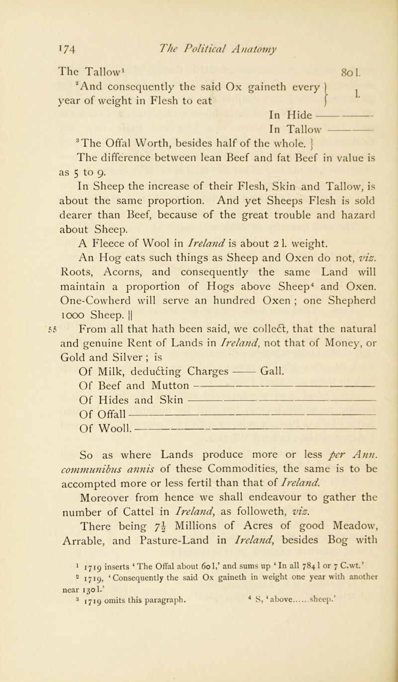 The Tallow1 2 3 Sol. 2And consequently the said Ox gaineth every year of weight in Flesh to eat In Hide- In Tallow 3 The Offal Worth, besides half of the whole. } The difference between lean Beef and fat Beef in value is as 5 to 9. In Sheep the increase of their Flesh, Skin and Tallow, is about the same proportion. And yet Sheeps Flesh is sold dearer than Beef, because of the great trouble and hazard about Sheep. A Fleece of Wool in Ireland is about 2 1. weight. An Hog eats such things as Sheep and Oxen do not, viz. Roots, Acorns, and consequently the same Land will maintain a proportion of Hogs above Sheep4 and Oxen. One-Cowherd will serve an hundred Oxen ; one Shepherd 1000 Sheep. || From all that hath been said, we collect, that the natural and genuine Rent of Lands in Ireland, not that of Money, or Gold and Silver ; is Of Milk, dedu6ting Charges Gall. Of Beef and Mutton Of Hides and Skin Of Offall Of Wooll. So as where Lands produce more or less per Ann. communibus annis of these Commodities, the same is to be accompted more or less fertil than that of Ireland. Moreover from hence we shall endeavour to gather the number of Cattel in Ireland, as followeth, viz. There being Millions of Acres of good Meadow, Arrable, and Pasture-Land in Ireland, besides Bog with 1 1719 inserts ‘ The Offal about 601,’ and sums up ‘ In all 784 1 or 7 C.wt.’ 2 1719, ‘Consequently the said Ox gaineth in weight one year with another near 1301.’ 3 1719 omits this paragraph. 4 S, ‘above sheep.'