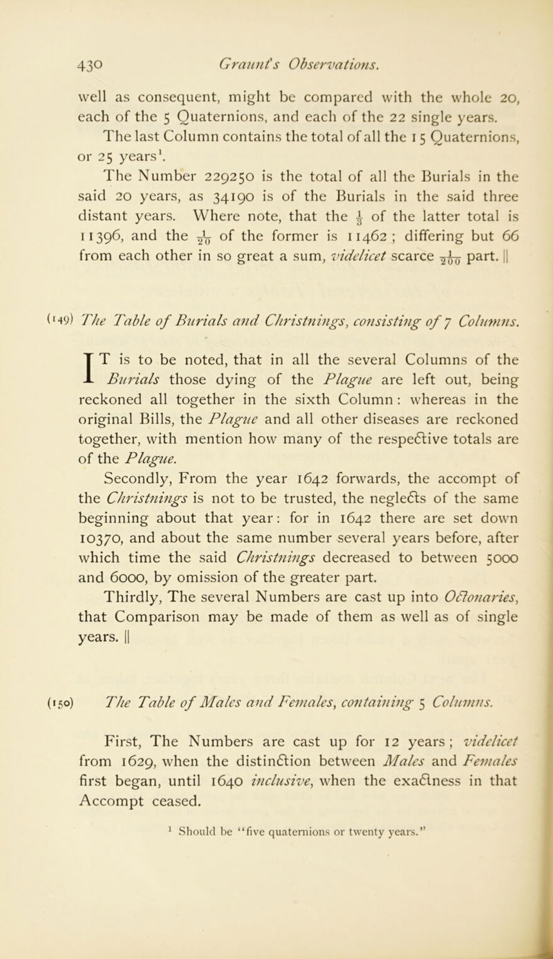 well as consequent, might be compared with the whole 20, each of the 5 Quaternions, and each of the 22 single years. The last Column contains the total of all the 1 5 Quaternions, or 25 years1. The Number 229250 is the total of all the Burials in the said 20 years, as 34190 is of the Burials in the said three distant years. Where note, that the i of the latter total is 11396, and the -Jy of the former is 11462; differing but 66 from each other in so great a sum, videlicet scarce part. || 649) The Table of Burials and Christnings, consisting of 7 Columns. IT is to be noted, that in all the several Columns of the Burials those dying of the Plague are left out, being reckoned all together in the sixth Column : whereas in the original Bills, the Plague and all other diseases are reckoned together, with mention how many of the respective totals are of the Plague. Secondly, From the year 1642 forwards, the accompt of the Christnings is not to be trusted, the negleCts of the same beginning about that year: for in 1642 there are set down 10370, and about the same number several years before, after which time the said Christnings decreased to between 5000 and 6000, by omission of the greater part. Thirdly, The several Numbers are cast up into OTtonaries, that Comparison may be made of them as well as of single years. || (150) The Table of Males and Females, containing 5 Columns. First, The Numbers are cast up for 12 years; videlicet from 1629, when the distinction between Males and Females first began, until 1640 inclusive, when the exactness in that Accompt ceased. 1 Should be “five quaternions or twenty years.”