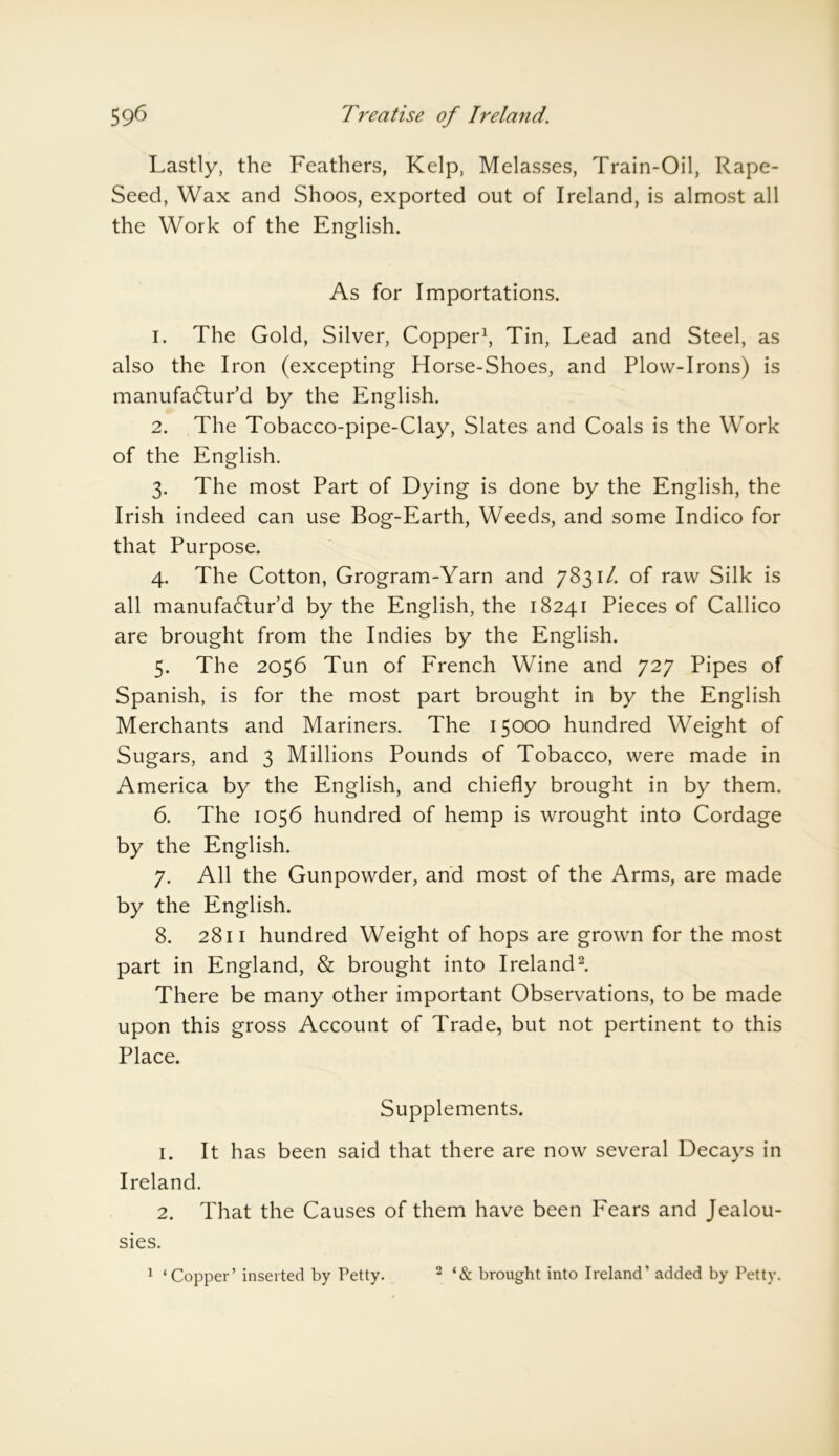 Lastly, the Feathers, Kelp, Melasses, Train-Oil, Rape- Seed, Wax and Shoos, exported out of Ireland, is almost all the Work of the English. As for Importations. 1. The Gold, Silver, Copper1, Tin, Lead and Steel, as also the Iron (excepting Horse-Shoes, and Plow-Irons) is manufactur’d by the English. 2. The Tobacco-pipe-Clay, Slates and Coals is the Work of the English. 3. The most Part of Dying is done by the English, the Irish indeed can use Bog-Earth, Weeds, and some Indico for that Purpose. 4. The Cotton, Grogram-Yarn and 7831/. of raw Silk is all manufactur’d by the English, the 18241 Pieces of Callico are brought from the Indies by the English. 5. The 2056 Tun of French Wine and 727 Pipes of Spanish, is for the most part brought in by the English Merchants and Mariners. The 15000 hundred Weight of Sugars, and 3 Millions Pounds of Tobacco, were made in America by the English, and chiefly brought in by them. 6. The 1056 hundred of hemp is wrought into Cordage by the English. 7. All the Gunpowder, and most of the Arms, are made by the English. 8. 2811 hundred Weight of hops are grown for the most part in England, & brought into Ireland2. There be many other important Observations, to be made upon this gross Account of Trade, but not pertinent to this Place. Supplements. 1. It has been said that there are now several Decays in Ireland. 2. That the Causes of them have been PTars and Jealou- sies. 1 ‘Copper’ inserted by Petty. 2 brought into Ireland’ added by Petty.