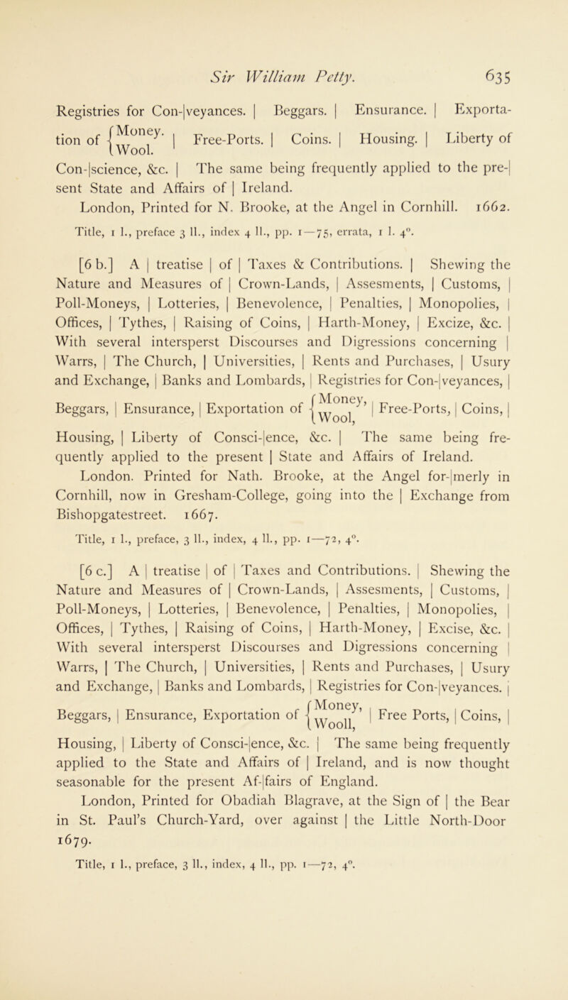 Registries for Con-|veyances. | Beggars. | Ensurance. | Exporta- tion of jMoneL I Free-Ports. | Coins. I Housing. | Liberty of (Wool. Conscience, &c. | The same being frequently applied to the pre-| sent State and Affairs of | Ireland. London, Printed for N. Brooke, at the Angel in Cornhill. 1662. Title, 1 1., preface 3 11., index 4 II., pp. 1 — 75, errata, r 1. 40. [6 b.] A | treatise | of | Taxes & Contributions. | Shewing the Nature and Measures of j Crown-Lands, | Assesments, | Customs, Poll-Moneys, | Lotteries, | Benevolence, | Penalties, | Monopolies, | Offices, | Tythes, | Raising of Coins, | Harth-Money, | Excize, &c. | With several intersperst Discourses and Digressions concerning Warrs, | The Church, | Universities, | Rents and Purchases, | Usury and Exchange, j Banks and Lombards, J Registries for Con-jveyances, j Beggars, | Ensurance, | Exportation of j yyool^* ■ Free-Ports, I Coins, j Housing, | Liberty of Consci-|ence, &c. | 'The same being fre- quently applied to the present | State and Affairs of Ireland. London. Printed for Nath. Brooke, at the Angel for- merly in Cornhill, now in Gresham-College, going into the | Exchange from Bishopgatestreet. 1667. Title, 1 1., preface, 3 11., index, 4 11., pp. 1—72, 40. [6 c.] A | treatise | of Taxes and Contributions. Shewing the Nature and Measures of | Crown-Lands, | Assesments, | Customs, Poll-Moneys, | Lotteries, [ Benevolence, | Penalties, | Monopolies, Offices, | Tythes, | Raising of Coins, | Harth-Money, | Excise, &c. With several intersperst Discourses and Digressions concerning Warrs, | The Church, | Universities, | Rents and Purchases, | Usury and Exchange, j Banks and Lombards, | Registries for Con-|veyances. 1 {Money Wooll ? ^ree ^orts) I Coins, | Housing, | Liberty of Consci-jence, &c. j The same being frequently applied to the State and Affairs of | Ireland, and is now thought seasonable for the present Af-|fairs of England. London, Printed for Obadiah Blagrave, at the Sign of | the Bear in St. Paul’s Church-Yard, over against | the Little North-Door 1679- Title, 1 1., preface, 3 11., index, 4 11., pp. 1—72, 40.