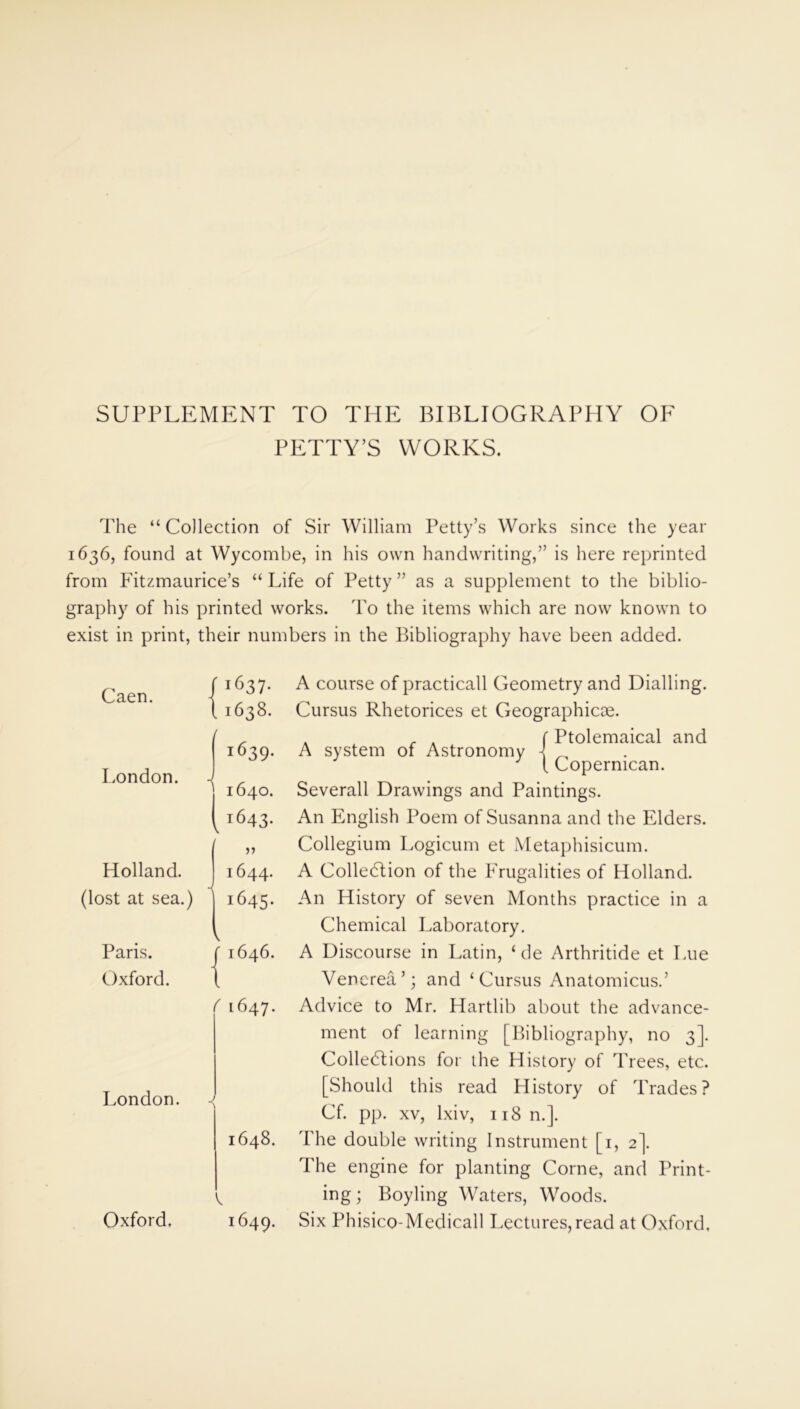 SUPPLEMENT TO THE BIBLIOGRAPHY OF PETTY’S WORKS. The “ Collection of Sir William Petty’s Works since the year 1636, found at Wycombe, in his own handwriting,” is here reprinted from Fitzmaurice’s “Life of Petty” as a supplement to the biblio- graphy of his printed works. To the items which are now known to exist in print, their numbers in the Bibliography have been added. Caen. London. Holland, (lost at sea.) Paris. Oxford. /1637- 11638. i639- 1640. , i643- r ,, 1644. 1645. ( 1646. ( 1647. London. 1648. V Oxford. 1649. A course of practicall Geometry and Dialling. Cursus Rhetorices et Geographicte. . . . [ Ptolemaical and A system of Astronomy ] { Copermcan. Severall Drawings and Paintings. An English Poem of Susanna and the Elders. Collegium Logicum et Metaphisicum. A ColleClion of the Frugalities of Holland. An History of seven Months practice in a Chemical Laboratory. A Discourse in Latin, ‘ de Arthritide et Lue Venerea’; and ‘Cursus Anatomicus.’ Advice to Mr. Hartlib about the advance- ment of learning [Bibliography, no 3]. Collections for the History of Trees, etc. [Should this read History of Trades? Cf. pp. xv, lxiv, 118 n.]. The double writing Instrument [1, 2]. The engine for planting Corne, and Print- ing; Boyling Waters, Woods. Six Phisico-Medicall Lectures, read at Oxford.