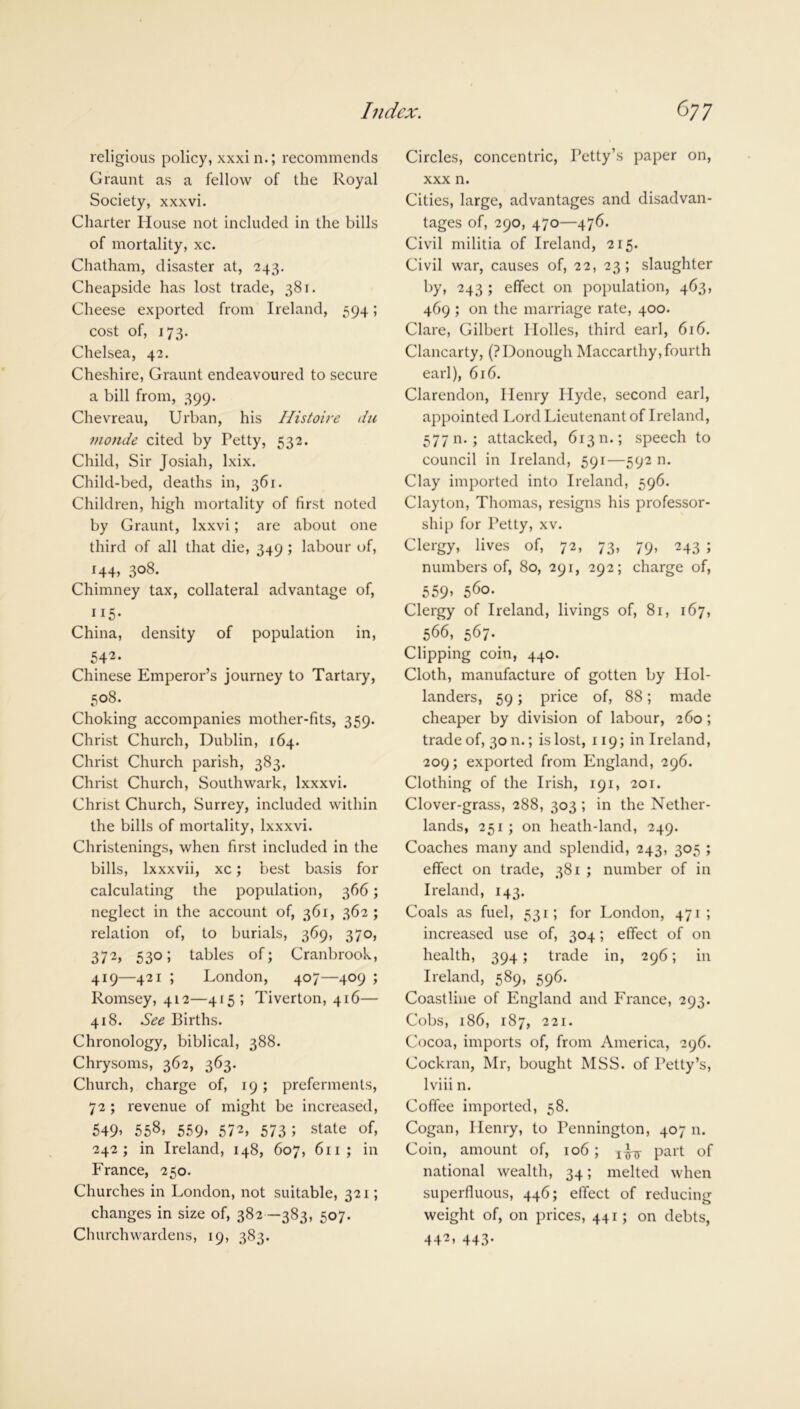 religious policy, xxxi n.; recommends Graunt as a fellow of the Royal Society, xxxvi. Charter House not included in the bills of mortality, xc. Chatham, disaster at, 243. Cheapside has lost trade, 381. Cheese exported from Ireland, 594; cost of, 173. Chelsea, 42. Cheshire, Graunt endeavoured to secure a bill from, 399. Chevreau, Urban, his Histoire tin ttionde cited by Petty, 532. Child, Sir Josiah, lxix. Child-bed, deaths in, 361. Children, high mortality of first noted by Graunt, Ixxvi; are about one third of all that die, 349 ; labour of, 144, 308. Chimney tax, collateral advantage of, 115- China, density of population in, 542- Chinese Emperor’s journey to Tartary, 508. Choking accompanies mother-fits, 359. Christ Church, Dublin, 164. Christ Church parish, 383. Christ Church, Southwark, lxxxvi. Christ Church, Surrey, included within the bills of mortality, lxxxvi. Christenings, when first included in the bills, lxxxvii, xc; best basis for calculating the population, 366; neglect in the account of, 361, 362; relation of, to burials, 369, 370, 372, 53°; tables of; Cranbrook, 419—421 ; London, 407—409 ; Romsey, 412—415; Tiverton, 416— 418. See Births. Chronology, biblical, 388. Chrysoms, 362, 363. Church, charge of, 19 ; preferments, 72 ; revenue of might be increased, 549» 558* 559* 572> 573 i state of, 242; in Ireland, 148, 607, 611; in France, 250. Churches in London, not suitable, 321; changes in size of, 382—383, 507. Churchwardens, 19, 383. Circles, concentric, Petty’s paper on, xxx n. Cities, large, advantages and disadvan- tages of, 290, 470—476. Civil militia of Ireland, 215. Civil war, causes of, 22, 23; slaughter by, 243 ; effect on population, 463, 469 ; on the marriage rate, 400. Clare, Gilbert Holies, third earl, 616. Clancarty, (PDonough Maccarthy, fourth earl), 616. Clarendon, Henry Hyde, second earl, appointed Lord Lieutenant of Ireland, 57711.; attacked, 61311.; speech to council in Ireland, 591—592 n. Clay imported into Ireland, 596. Clayton, Thomas, resigns his professor- ship for Petty, xv. Clergy, lives of, 72, 73, 79, 243 ; numbers of, 80, 291, 292; charge of, 559* 56°- Clergy of Ireland, livings of, 81, 167, 566, 567. Clipping coin, 440. Cloth, manufacture of gotten by Hol- landers, 59; price of, 88; made cheaper by division of labour, 260; trade of, 30 11.; is lost, 119; in Ireland, 209; exported from England, 296. Clothing of the Irish, 191, 201. Clover-grass, 288, 303 ; in the Nether- lands, 251 ; on heath-land, 249. Coaches many and splendid, 243, 305 ; effect on trade, 381 ; number of in Ireland, 143. Coals as fuel, 531; for London, 471 ; increased use of, 304; effect of on health, 394; trade in, 296; in Ireland, 589, 596. Coastline of England and France, 293. Cobs, 186, 187, 221. Cocoa, imports of, from America, 296. Cock ran, Mr, bought MSS. of Petty’s, lviii n. Coffee imported, 58. Cogan, Henry, to Pennington, 407 n. Coin, amount of, 106 ; part of national wealth, 34; melted when superfluous, 446; effect of reducing weight of, on prices, 441; on debts, 442* 443-