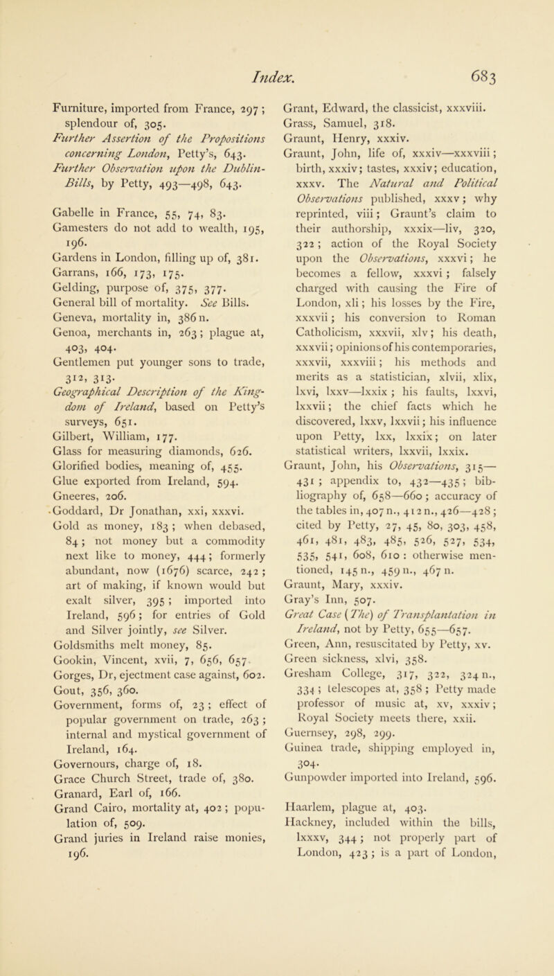 Furniture, imported from France, 297 ; splendour of, 305. Further Assertion of the Propositions concerning London, Petty’s, 643. Further Observation upon the Dublin- Bills, by Petty, 493—498, 643. Gabelle in France, 55, 74, 83. Gamesters do not add to wealth, 195, 196. Gardens in London, fdling up of, 381. Garrans, 166, 173, 175. Gelding, purpose of, 375, 377. General bill of mortality. See Bills. Geneva, mortality in, 38611. Genoa, merchants in, 263 ; plague at, 403, 404. Gentlemen put younger sons to trade, 3I2> 3i3- Geographical Description of the King- dom of Ii'eland, based on Petty’s surveys, 651. Gilbert, William, 177. Glass for measuring diamonds, 626. Glorified bodies, meaning of, 455. Glue exported from Ireland, 594. Gneeres, 206. • Goddard, Dr Jonathan, xxi, xxxvi. Gold as money, 183 ; when debased, 84; not money but a commodity next like to money, 444; formerly abundant, now (1676) scarce, 242 ; art of making, if known would but exalt silver, 395 ; imported into Ireland, 596; for entries of Gold and Silver jointly, see Silver. Goldsmiths melt money, 85. Gookin, Vincent, xvii, 7, 656, 657 Gorges, Dr, ejectment case against, 602. Gout, 356, 360. Government, forms of, 23 ; effect of popular government on trade, 263 ; internal and mystical government of Ireland, 164. Governours, charge of, 18. Grace Church Street, trade of, 380. Granard, Earl of, 166. Grand Cairo, mortality at, 402 ; popu- lation of, 509. Grand juries in Ireland raise monies, 196. Grant, Edward, the classicist, xxxviii. Grass, Samuel, 318. Graunt, Henry, xxxiv. Graunt, John, life of, xxxiv—xxxviii; birth, xxxiv; tastes, xxxiv; education, xxxv. The Natural and Political Observations published, xxxv; why reprinted, viii; Graunt’s claim to their authorship, xxxix—liv, 320, 322 ; action of the Royal Society upon the Observations, xxxvi; he becomes a fellow, xxxvi ; falsely charged with causing the Fire of London, xli; his losses by the Fire, xxxvii; his conversion to Roman Catholicism, xxxvii, xlv; his death, xxxvii; opinionsof his contemporaries, xxxvii, xxxviii; his methods and merits as a statistician, xlvii, xlix, lxvi, lxxv—lxxix ; his faults, lxxvi, lxxvii; the chief facts which he discovered, lxxv, lxxvii; his influence upon Petty, lxx, lxxix; on later statistical writers, lxxvii, lxxix. Graunt, John, his Observations, 315— 431; appendix to, 432—.435; bib- liography of, 658—660 ; accuracy of the tables in, 407 n., 412 n., 426—428 ; cited by Petty, 27, 45, 80, 303, 458, 461, 481, 483, 485, 526, 527, 534, 535, 541, 608, 610: otherwise men- tioned, 14511., 45911., 46711. Graunt, Mary, xxxiv. Gray’s Inn, 507. Great Case (The) of Transplantation i)i Ireland, not by Petty, 655—657. Green, Ann, resuscitated by Petty, xv. Green sickness, xlvi, 358. Gresham College, 317, 322, 324 n., 33-1 ; telescopes at, 358 ; Petty made professor of music at, xv, xxxiv; Royal Society meets there, xxii. Guernsey, 298, 299. Guinea trade, shipping employed in, 304- Gunpowder imported into Ireland, 596. Haarlem, plague at, 403. Hackney, included within the bills, lxxxv, 344; not properly part of London, 423 ; is a part of London,