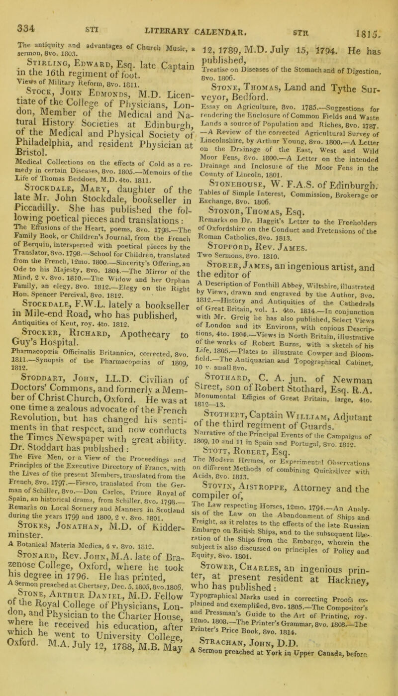 1813. The antiquity and advantages of Chnrcl) Music a sermon, 8vo. 1803. . Stirling, Edward, Esq. late Captain m the 16th regiment of foot. Views of Military Reform, 8vo. 1811. Stock, John Edmonds, M.D. Licen- tiate of the College of Physicians, Lon- don, Member ot the Medical and Na- tural History Societies at Edinburgh, of the Medical and Physical Society of Philadelphia, and resident Physician at Bristol. Medical Collections on the effects of Cold as a re- medy in certain Diseases, 8vo. 1805.—Memoirs of the Lite of Thomas Beddoes, M.D.4to. 1811. Stock dale, Mary, daughter of the late Mr. John Stockdale, bookseller in Piccadilly. She has published the fol- lowing poetical pieces and translations: The Effusions of the Heart, poems, 8vo. 1798 The Family Book, or Children’s Journal, from the French of Berquiu, interspersed with poetical pieces by the Translator, 8vo. 1798.—School for Children, translated from the French, 12mo. 1800—Sincerity’s Offering, an Ode to his Majesty, 8vo. 1804—The Mirror of the Mind, 2 v. 8vo. 1810.—The Widow and her Orphan Family, an elegy. 8vo. 1812—Elegy on the Right Hon. Spencer Percival, 8vo. 1812. Stockdai.f., F.W.L. lately a bookseller in Mile-end Road, who has published, Antiquities of Kent, roy. 4to. 1812. Stocker, Richard, Apothecary to Guy’s Hospital. Pharmacopoeia Officinalis Britannica, corrected, 8vo. 1811. Synopsis of the Pharmacopoeias of 1809, 12, 1789, M.D. July 15, 1794. He has published, Treatise on Diseases of the Stomach and of Digestion, 8vo. 1806. Stone, Thomas, Land and Tythe Sur- veyor, Bedford. Essay on Agriculture, 8vo. 1785—Suggestions for rendering the Enclosure of Common Fields and Waste Lands a source of Population and Riches, 8vo. 1787. — A Review of the corrected Agricultural Survey of Lincolnshire, by Arthur Young, 8vo. 1800.—A Letter on the Drainage of the East, West and Wild Moor Fens, 8vo. 1800—A Letter on the intended Drainage and Inclosuie of the Moor Fens in the County of Lincoln, 1801. Stonehouse, W. F.A.S. of Edinburgh. Tables of Simple Interest, Commission, Brokerage or Exchange, 8vo. 1806. Stonor, Thomas, Esq. Remarks on Dr. Ilaggit's Letter to the Freeholders of Oxfordshire on the Conduct and Pretensions of the Roman Catholics, 8vo. 1813. Stopford, Rev. James. Two Sermons, 8vo. 1810. Storer, James, an ingenious artist, and the editor of A Description of Fonthill Abbey, Wiltshire, illustrated by Views, drawn and engraved by the Author, 8vo. 1812.—History and Antiquities of the Cathedrals of Great Britain, vol. 1. 4to. 1814—In conjunction with Mr. Greig he has also published, Select Views of London and its Environs, with copious Descrip- tions, 4to. 1804—Views in North Britain, illustrative of the works of Robert Burns, with a sketch of his Life’ 1805—Plates to illustrate Cowper and Bloom- held—The Antiquarian and Topographical Cabinet, 10 v. small 8vo. Stoddart, John, LL.D. Civilian of Doctors’ Commons, and former! v a Mem- ber of Christ Church, Oxford. He was at one time a zealous advocate of the French Revolution, but has changed his senti- ments in that respect, and now conducts the Times Newspaper with great ability. Dr. Stoddart has published : ' 1UJ HARD, C,. jU11, ui xsew inan Street, son of Robert Stothard, Esq. R A. Monumental Effigies of Great Britain, large, 4to 1812—13. S Stothert,Captain William, Adjutant ot the third regiment of Guards. Narrative of the Principal Events of .he Campaigns of 1809,10 and 13 in Spain and Portugal, 8vo. 1812. Stott, Robert, Esq. The Modern Hermes, or Experimental Observations on different Methods of combining Quicksilver with Acids, 8vo. 1813. Stovin, Aistroppe, Attorney and the compiler of, The Law respecting Horses, 12mo. 1794.—An Analy- sis of the Law on the Abandonment of Ships and Freight, as it relates to the effects of the late Russian Embargo on British Ships, and to the subsequent libe- ration of the Ships from the Embargo, wherein the subject is also discussed on principles of Policy and Equity, 8vo. 1801. J Stower, Charles, an ingenious prin- ter, at present resident at Hackney, who has published : J Typographical Marks used in correcting Proofs ex- plained and exemplified. 8vo. 1805—The Compositor’s and Pressman’s Guide to the Art of Printing, roy. l-mo. 1808—The Printer’s Grammar, 8vo. 1808 The Printer s Price Book, 8vo. 1814. •Strachan, John, D.D. A Sermon preached at York in Upper Canada, before The Five Men, or a View of the Proceedings and Principles of the Executive Directory of France, with the Lives of the present Members, translated from the French, 8vo. 1797—Fiesro, translated from the Ger- man of Schiller, 8vo—Don Carlos, Prince Royal of Spain, an historical drama, from Schiller, Cvo. 1798 Remarks on Local Scenery and Manners in Scotland during the years 1799 and 1800, 2 v. 8vo. 1801. Stokes, Jonathan, M.D. of Kidder- minster. A Botanical Materia Medica, 4 v. 8vo. 1812. Stonard, Rev. John, M.A. late of Bra- zenose College, Oxford, where he took his degree in 1796. He lias printed, Sermon preached at Chertsey, Dec. 5,1805,8vo.1806. Stone, Arthur Daniel, M.D. Fellow °, l le R°yal College of Physicians, Lon- don, and Physician to the Charter House, w5er,e received his education, after which he went to University College, Oxford. M.A. July 12, 1788, M.B. May