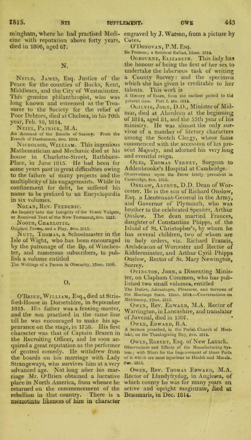 mingham, where he had practised Medi- cine with reputation above forty years, died in 1806, aged 67. N. Nf.ild, James, Esq. Justice of the Peace for the counties of Bucks, Kent, Middlesex, and the City of Westminster. This genuine philanthropist, who was long known and esteemed as the Trea- surer to the Society for the relief of Poor Debtors, died at Chelsea, in his 70th year, Feb. 16, 1814. Neill, Patrick, M.A. An Account of the Basalts of Saxony. From the French of Danbuisson, 8vo. 1814. Nicholsou, William. This ingenious Mathematician and Mechanic died at. his house in Charlotte-Street, Rathbone- Place, in June 1815. lie had been for some years past in great difficulties owing to the failure of many projects and the multiplicity of his engagements. While in confinement for debt, he suffered his name to be prefixed to an Encyclopaedia in six volumes. Nolan, Rev. Frederic. An Inquiry into the Integrity of the Greet Vulgate, or Received Text of the New Testament, 8vo. 1315. Nooth, Charlotte. Original Poems, and a Play, 8vo. 1815. Nutt, Tiiomas, a Schoolmaster in the Isle of VYight, who has been encouraged by the patronage of the Bp, of Winches- ter, and numerous subscribers, to pub- lish a volume entitled The Writings of a Person in Obscurity, 12mo. 1806. o. O’Brien, William, Esq., died at Stris- ford-IIouse in Dorsetshire, in September 1815. Ilis father was a fencing-master, and the son practised in the same line till he was encouraged to make his ap- pearance on the stage, in 1758. His first character was that of Captain Brazen in the Recruiting Officer, and he soon ac- quired a great reputation as the performer of genteel comedy. He withdrew from the boards on liis marriage with Lady Strangeways, who survives him at a very advanced age. Not long after his mar- riage Mr. 0‘Brien obtained a lucrative place in North America, from whence he returned on the commencement of the rebellion in that country. There is a mezzotiato likeness of him in character engraved by J. Watson, from a picture by Cotes. O’Donovan, P.M. Esq. Sir Proteus; a Satirical Ballad, 12mo. 1814. Ogbourne, Elizabeth. This lady has the honour of being the first of her sex to undertake the laborious task of writing a County Survey: and the specimen which she has given is creditable to her talents. This work is A History of Essex, from the earliest period to the present time. Part I. 4to. 1814. Ooilvie, John, D.D., Minister of Mid- mar, died at Aberdeen at the beginning of 1814, aged 8L, and the 55t!i year of his ministry. lie was almost the only sur- vivor of a number of literary characters among the Scotch Clergy, whose fame commenced with the accession of his pre- sent Majesty, and adorned his very long and eventful reign. Okes, Thomas Verney, Surgeon to Addenbrooke’s Hospital at Cambridge. Observations upon the Fever lately prevalent in Cambridge, 8vo. 1815. Onslow, Arthur, D.D. Dean of Wor- cester. He is the son of Richard Onslow, Esq. a Lieutenant-General in the Army, and Governor of Plymouth, who was brother to the celebrated Speaker, Arthur Onslow. The dean married Frances, daughter of Constantine Phipps, of the Island of St. Christopher’s, by whom he has several children, two of whom are in holy orders, viz. Richard Francis, Archdeacon of Worcester and Rector of Kidderminster, and Arthur Cyril Phipps Onglow, Rector of St. Mary Newington, Surrey. Ovington, John, a Dissenting Minis- ter, on Clapham Common, who has pub- lished two small volumes, entitled The Duties, Advantages, Pleasures, and Sorrows of the Marriage State, 12mo. 1814 Conversations on Matrimony, 12mo. 1815. Owen, Rev. Edward, M.A. Rector of Warrington, in Lancashire, and translator of Juvenal, died in 1307. Owen, Edward, B.A. A Sermon preached, in the Parish Church of Mort* lake, on the Thanksgiving Day, 8vo. 1814. Owen, Robert, Esq. of New Lanark. Observations and Effects of the Manufacturing Sys- tem ; with Hints for the Improvement of those Parts of it which are most injurious to Health and Moials. 8w). 1815. Owen, Rev. Thomas Edward, M.A. Rector of Llandyfrydog, in Anglesea, of which county he was for many years an active and upright magistrate, died at Beaumaris, in Dec. 1814.