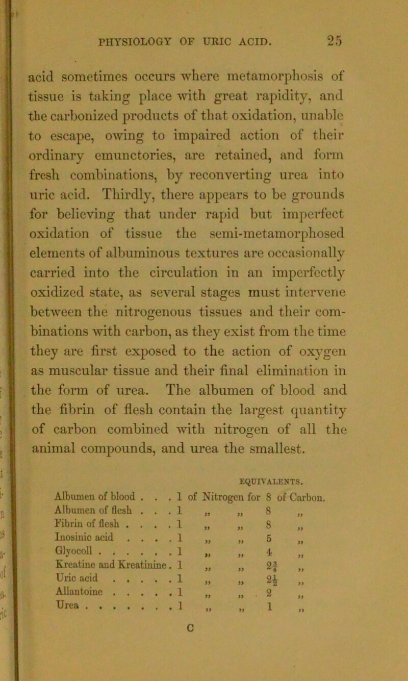 ..t ! i '5 acid sometimes occurs where metamorphosis of tissue is taking place with great rapidity, and the carbonized products of that oxidation, unable to escape, owing to impaired action of their ordinary emunctories, are retained, and form fresh combinations, by reconverting urea into uric acid. Thirdly, there appears to be grounds for believing that under rapid but imperfect oxidation of tissue the semi-metamorphosed elements of albuminous textures are occasionally carried into the circulation in an imperfectly oxidized state, as several stages must intervene between the nitrogenous tissues and their com- binations with carbon, as they exist from the time they are first exposed to the action of ox3gen as muscular tissue and their final elimination in the form of urea. The albumen of blood and the fibrin of flesh contain the largest quantity of carbon combined with nitrogen of all the animal compounds, and urea the smallest. Albumen of blood . . . 1 Albumen of flesh . . . 1 Fibrin of flesh . . . . 1 Inosinic acid . . . , 1 Glyocoll 1 Kreatine and Kreatinine. 1 Uric acid 1 Allantoine 1 Urea 1 EQUrVAXENTS. of Nitrogen for 8 of Carbon. 8 8 5 4 H „ H .. 2 1