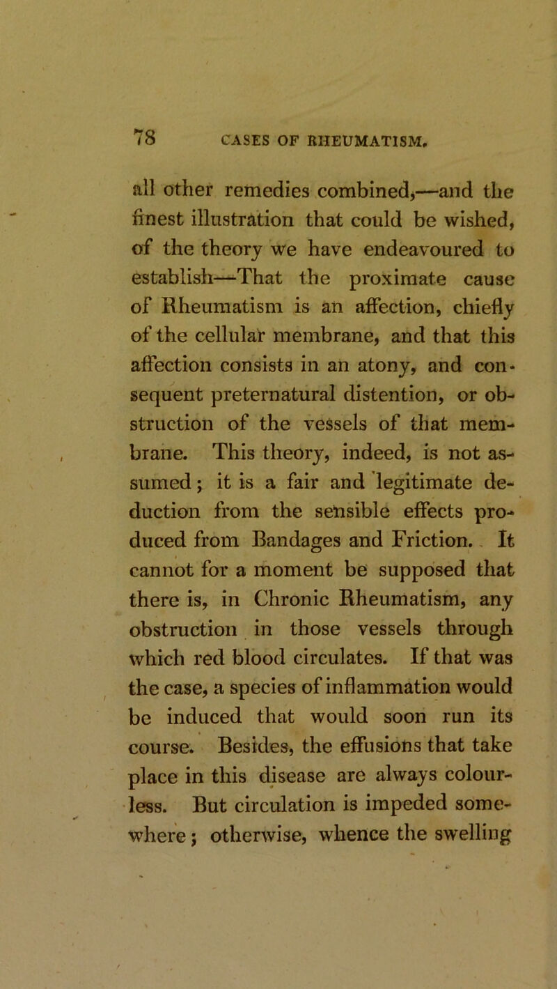 all otlier remedies combined^—and the finest illustration that could be wished, of the theory we have endeavoured to establish—That the proximate cause of Rheumatism is an affection, chiefly of the cellular membrane, and that this affection consists in an atony, and con- sequent preternatural distention, or ob- struction of the vessels of that mem- brane. This theory, indeed, is not as- sumed ; it is a fair and legitimate de- duction from the sensible effects pro- duced from Bandages and Friction., It cannot for a moment be supposed that there is, in Chronic Rheumatism, any obstruction in those vessels through which red blood circulates. If that was the case, a species of inflammation would be induced that would soon run its course. Besides, the effusions that take place in this disease are always colour- less. But circulation is impeded some- where ; otherwise, whence the swelling