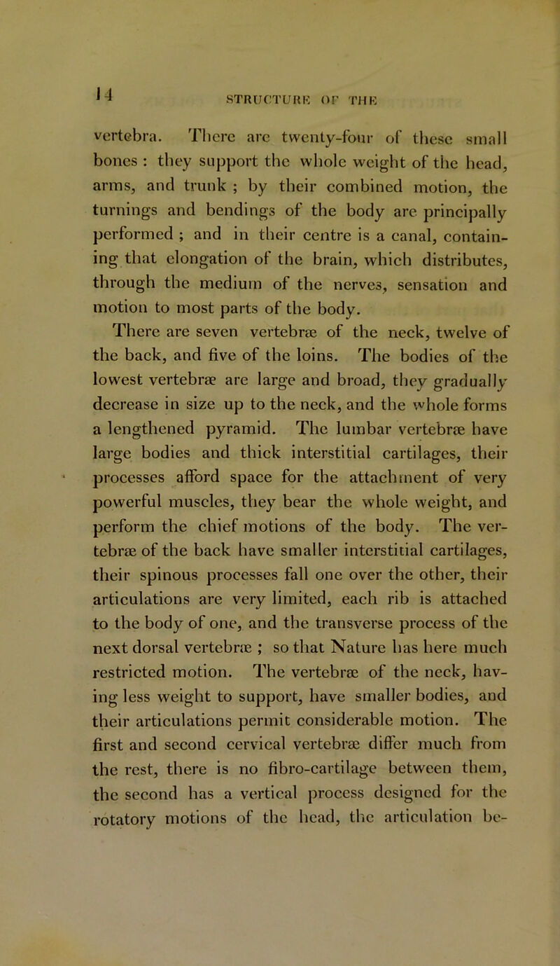 \4 STRUCTURE! OF THE! vertebra. There are twenty-four of these small bones : they support the whole weight of the head, arms, and trunk ; by their combined motion, the turnings and bendings of the body are principally performed ; and in their centre is a canal, contain- ing that elongation ot the brain, which distributes, through the medium of the nerves, sensation and motion to most parts of the body. There are seven vertebrae of the neck, twelve of the back, and five of the loins. The bodies of the lowest vertebrae are large and broad, they gradually decrease in size up to the neck, and the whole forms a lengthened pyramid. The lumbar vertebrae have large bodies and thick interstitial cartilages, their processes afford space for the attachment of very powerful muscles, they bear the whole weight, and perform the chief motions of the body. The ver- tebrae of the back have smaller interstitial cartilages, their spinous processes fall one over the other, their articulations are very limited, each rib is attached to the body of one, and the transverse process of the next dorsal vertebrae ; so that Nature has here much restricted motion. The vertebrae of the neck, hav- ing less weight to support, have smaller bodies, and their articulations permit considerable motion. The first and second cervical vertebrae differ much from the rest, there is no fibro-cartilage between them, the second has a vertical process designed for the rotatory motions of the head, the articulation be-