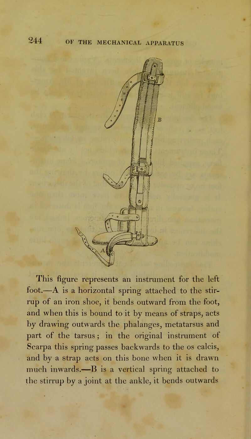 This figure represents an instrument for the left foot.—A is a horizontal spring attached to the stir- rup of an iron shoe, it bends outward from the foot, and when this is bound to it by means of straps, acts by drawing outwards the phalanges, metatarsus and part of the tarsus; in the original instrument of Scarpa this spring passes backwards to the os calcis, and by a strap acts on this bone when it is drawn much inwards.—13 is a vertical spring attached to the stirrup by a joint at the ankle, it bends outwards