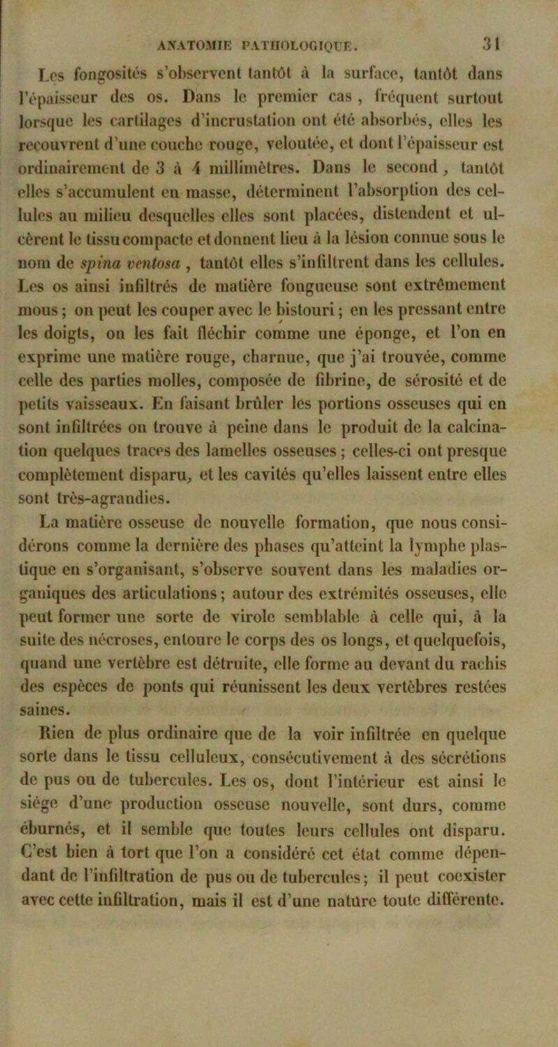 Les fongosités s’observent tantôt à la surface, tantôt dans l’épaisseur des os. Dans le premier cas , fréquent surtout lorsque les cartilages d’incrustation ont été absorbés, elles les recouvrent d’une couche rouge, veloutée, et dont l’épaisseur est ordinairement de 3 à 4 millimètres. Dans le second, tantôt elles s’accumulent en masse, déterminent l’absorption des cel- lules au milieu desquelles elles sont placées, distendent et ul- cèrent le tissu compacte et donnent lieu à la lésion connue sous le nom de spina ventosa , tantôt elles s’infiltrent dans les cellules. Les os ainsi infiltrés de matière fongueuse sont extrêmement mous ; on peut les couper avec le bistouri ; en les pressant entre les doigts, on les fait fléchir comme une éponge, et l’on en exprime une matière rouge, charnue, que j’ai trouvée, comme celle des parties molles, composée de fibrine, de sérosité et de petits vaisseaux. En faisant brûler les portions osseuses qui en sont infiltrées ou trouve à peine dans le produit de la calcina- tion quelques traces des lamelles osseuses ; celles-ci ont presque complètement disparu^ et les cavités qu’elles laissent entre elles sont très-agrandies. La matière osseuse de nouvelle formation, ipie nous consi- dérons comme la dernière des phases qu’atteint la lymphe plas- tique en s’organisant, s’observe souvent dans les maladies or- ganiques des articulations ; autour des extrémités osseuses, elle peut former une sorte de virole semblable à celle qui, à la suite des nécroses, entoure le corps des os longs, et quelquefois, quand une vertèbre est détruite, elle forme au devant du rachis des espèces de ponts qui réunissent les deux vertèbres restées saines. Rien de plus ordinaire que de la voir infiltrée en quelque sorte dans le tissu celluleux, consécutivement à des sécrétions de pus ou de tubercules. Les os, dont l’intérieur est ainsi le siège d’une production osseuse nouvelle, sont durs, comme éburnés, et il semble que toutes leurs cellules ont disparu. C’est bien à tort que l’on a considéré cet état comme dépen- dant de l’infiltration de pus ou de tubercules; il peut coexister avec cette infiltration, mais il est d’une nature toute différente.