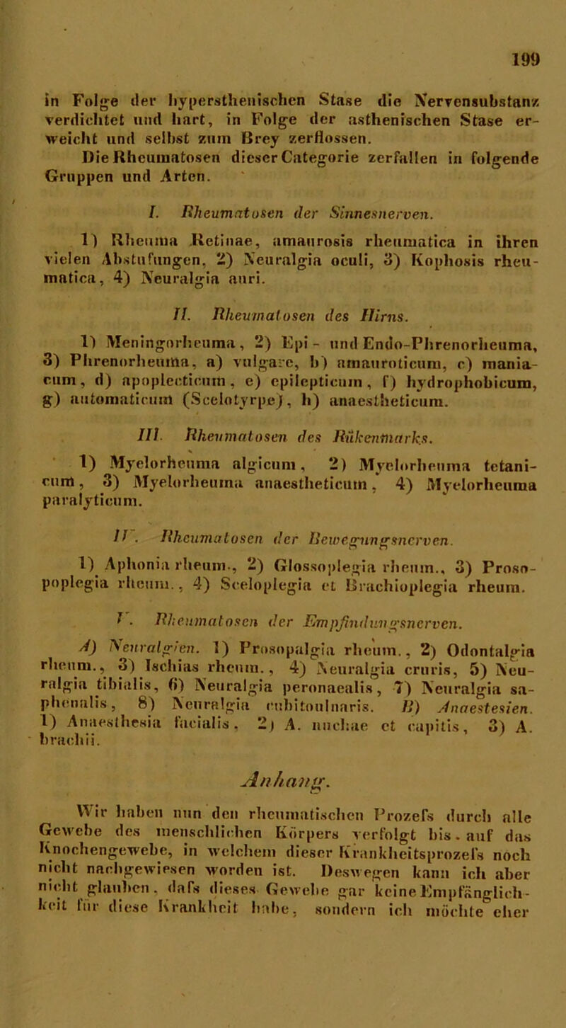in Folge der hypersthenischen Stase die Xervensubstanz verdichtet und hart, in Folge der asthenischen Stase er- weicht und selbst zum Brey zerflossen. Die Rheuinatosen dieser Categorie zerfallen in folgende Gruppen und Arten. I. Rheumatosen der Sinnesnerven. 1) Rheuma .Retinae, amaurosis rheumatica in ihren vielen Abstufungen, 2) Neuralgia oculi, 3) Kophosis rheu- matica, 4) Neuralgin auri. f!. Rheumalosen des Hirns. 11 Meningorheuma, 2) Epi - und Endo-Phrenorheuma, 3) Phrenorheuma, a) vulgare, b) amnurnticuni, c) mania- cum, d) apoplccticiim, e) cpilepticmn, f) liydrophobicum, g) automaticum (Scelotyrpe), h) anaestheticum. III Iiheumatosen des Rükentnarks. 1) Myelorheuma algicum, 2) Myelorheuma tctani- cum, 3) Myelorheuma anaestheticum, 4) Myelorheuma paralyticuni. IJ . Rheumatosen der Rewegnngsnerven. Aphonia rheum., 2) Glossoplegia rhenin., 3) Proso- poplegia rheum., 4) Sceloplegia et lirnchioplegia rheum. 1 . Rkeumatoscn der Empßnduvgsnerven. S Neuralgien. 1) Prosopalgia rheum., 2) Odontalgia rheum., 3) Ischias rheum., 4) Neuralgia cruris, 5) Neu- ralgin tihialis, fi) Neuralgia peronaealis, 7) Neuralgia sa- phenahs, 8) Neuralgia cubitoulnaris. R) sfnaestesien. 1) Anaesthesin facialis, 2) A. nuchae et capitis, 3) A. brachii. Anhang. Wir haben nun den rheumatischen Prozefs durch alle Gewebe des menschlichen Körpers verfolgt bis. auf das Knochengewebe, in welchem dieser Krankheitsprozels noch nicht nachgewiesen worden ist. Deswegen kann ich aber nicht glauben, dafs dieses Gewebe gar keine Empfänglich- keit für diese Krankheit habe, sondern ich möchte eher