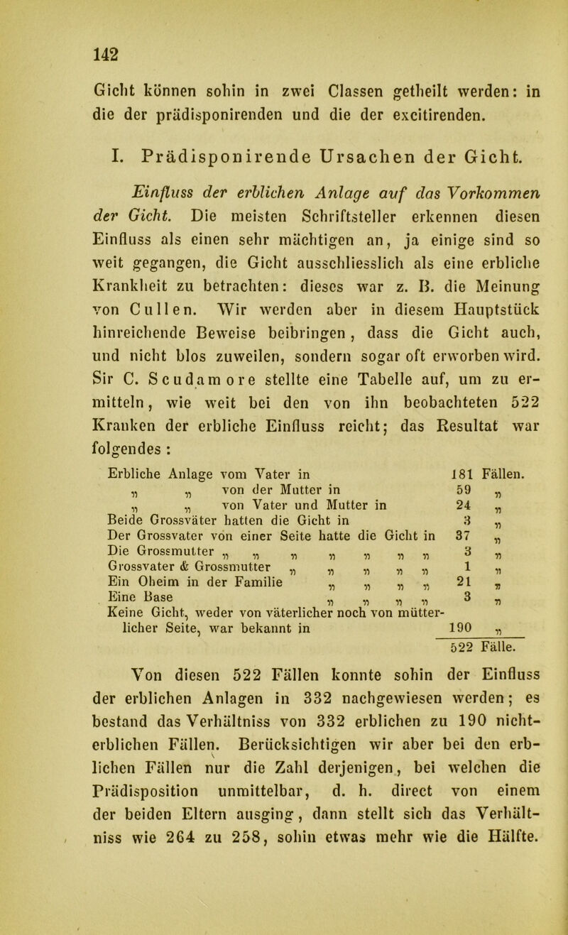 Giclit können sohin in zwei Classen getheilt werden: in die der prädisponirenden und die der excitirenden. I. Prädisponirende Ursachen der Gicht. Einfluss der erblichen Anlage auf das Vorkommen der Gicht. Die meisten Schriftsteller erkennen diesen Einfluss als einen sehr mächtigen an, ja einige sind so weit gegangen, die Gicht ausschliesslich als eine erbliche Krankheit zu betrachten: dieses w'ar z. B. die Meinung von Cullen. Wir werden aber in diesem Hanptstück hinreichende Beweise beibringen , dass die Gicht auch, und nicht blos zuweilen, sondern sogar oft erworben wird. Sir C. Scudamore stellte eine Tabelle auf, um zu er- mitteln , wie weit bei den von ihn beobachteten 522 Kranken der erbliche Einfluss reicht; das Resultat war folgendes : Erbliche Anlage vom Vater in „ „ von der Mutter in „ „ von Vater und Mutter in Beide Grossväter hatten die Gicht in Der Grossvater von einer Seite hatte die Gicht in Die Grossmutter „ „ „ Grossvater & Grossmutter „ Ein Oheim in der Familie Eine Base Keine Gicht, weder von väterlicher noch von mütter- licher Seite, war bekannt in fl fl fl 181 59 24 8 37 3 1 21 3 Fällen. fl fl fl fl fl fl fl fl 190 522 Fälle. Von diesen 522 Fällen konnte sohin der Einfluss der erblichen Anlagen in 332 nachgewiesen werden; es bestand das Verhältniss von 332 erblichen zu 190 nicht- erblichen Fällen. Berücksichtigen wir aber bei den erb- liehen Fällen nur die Zahl derjenigen, bei welchen die Prädisposition unmittelbar, d. h. direct von einem der beiden Eltern ausging, dann stellt sich das Verhält- niss wie 264 zu 258, sohin etw’as mehr wie die Hälfte.