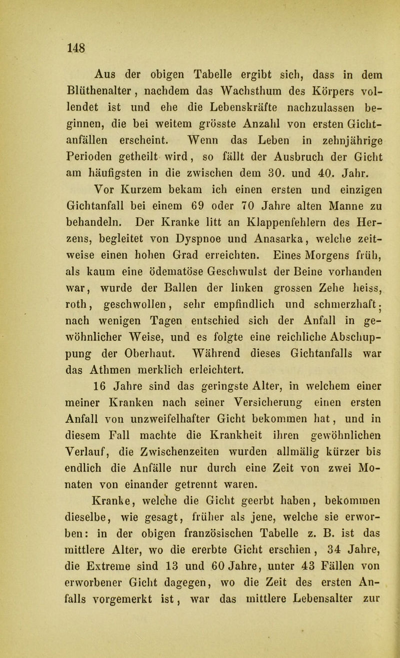 Aus der obigen Tabelle ergibt sich, dass in dem Blüthenalter, nachdem das Wachsthum des Körpers vol- lendet ist und ehe die Lebenskräfte nachzulassen be- ginnen, die bei weitem grösste Anzahl von ersten Gicht- anfällen erscheint. Wenn das Leben in zehnjährige Perioden getheilt wird, so fällt der Ausbruch der Gicht am häufigsten in die zwischen dem 30. und 40. Jahr. Vor Kurzem bekam ich einen ersten und einzigen Gichtanfall bei einem 69 oder 70 Jahre alten Manne zu behandeln. Der Kranke litt an Klappenfehlern des Her- zens, begleitet von Dyspnoe und Anasarka, welche zeit- weise einen hohen Grad erreichten. Eines Morgens früh, als kaum eine ödematöse Geschwulst der Beine vorhanden war, wurde der Ballen der linken grossen Zehe heiss, roth, geschwollen, sehr empfindlich und schmerzhaft • nach wenigen Tagen entschied sich der Anfall in ge- wöhnlicher Weise, und es folgte eine reichliche Abschup- pung der Oberhaut. Während dieses Gichtanfalls war das Athmen merklich erleichtert. 16 Jahre sind das geringste Alter, in welchem einer meiner Kranken nach seiner Versicherung einen ersten Anfall von unzweifelhafter Gicht bekommen hat, und in diesem Fall machte die Krankheit ihren gewöhnlichen Verlauf, die Zwischenzeiten wurden allmälig kürzer bis endlich die Anfälle nur durch eine Zeit von zwei Mo- naten von einander getrennt waren. Kranke, welche die Gicht geerbt haben, bekommen dieselbe, wie gesagt, früher als jene, welche sie erwor- ben: in der obigen französischen Tabelle z. B. ist das mittlere Alter, wo die ererbte Gicht erschien , 34 Jahre, die Extreme sind 13 und 60 Jahre, unter 43 Fällen von erworbener Gicht dagegen, wo die Zeit des ersten An- falls vorgemerkt ist, war das mittlere Lebensalter zur