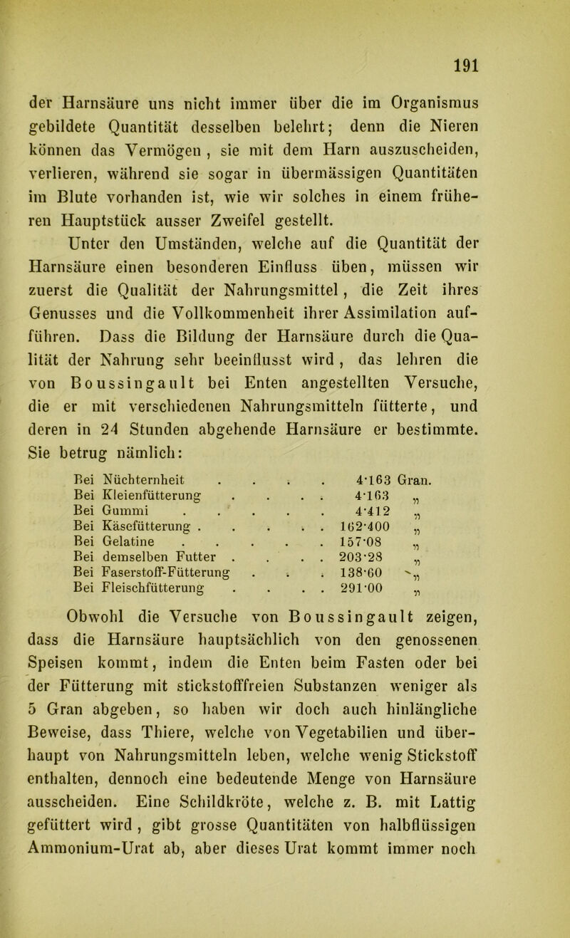 der Harnsäure uns nicht immer über die im Organismus gebildete Quantität desselben belehrt; denn die Nieren können das Vermögen , sie mit dem Harn auszuscheiden, verlieren, während sie sogar in übermässigen Quantitäten im Blute vorhanden ist, wie wir solches in einem frühe- ren Hauptstück ausser Zweifel gestellt. Unter den Umständen, welche auf die Quantität der Harnsäure einen besonderen Einfluss üben, müssen wir zuerst die Qualität der Nahrungsmittel, die Zeit ihres Genusses und die Vollkommenheit ihrer Assimilation auf- führen. Dass die Bildung der Harnsäure durch die Qua- lität der Nahrung sehr beeinflusst wird , das lehren die von Boussingault bei Enten angestellten Versuche, die er mit verschiedenen Nahrungsmitteln fütterte, und deren in 24 Stunden abgehende Harnsäure er bestimmte. Sie betrug nämlich: Bei Nüchternheit . . . . 4’163 Gran. Bei Kleienfütterung . . . . 4'lß8 „ Bei Gummi . . . . . 4'412 „ Bei Käsefütterimg . . . . . 102‘400 „ Bei Gelatine ..... 157*08 „ Bei demselben Futter . ... 203*28 „ Bei Faserstoff-Fütterung . . ^ 138*60 Bei Fleischfütterung . . . . 291*00 „ Obwohl die Versuche von Boussingault zeigen, dass die Harnsäure hauptsächlich von den genossenen Speisen kommt, indem die Enten beim Fasten oder bei der Fütterung mit stickstofffreien Substanzen weniger als 5 Gran abgeben, so haben wir doch auch hinlängliche Beweise, dass Thiere, welche von Vegetabilien und über- haupt von Nahrungsmitteln leben, welche wenig Stickstoff enthalten, dennoch eine bedeutende Menge von Harnsäure ausscheiden. Eine Schildkröte, welche z. B. mit Lattig gefüttert wird , gibt grosse Quantitäten von halbflüssigen Ammonium-Urat ab, aber dieses Urat kommt immer noch
