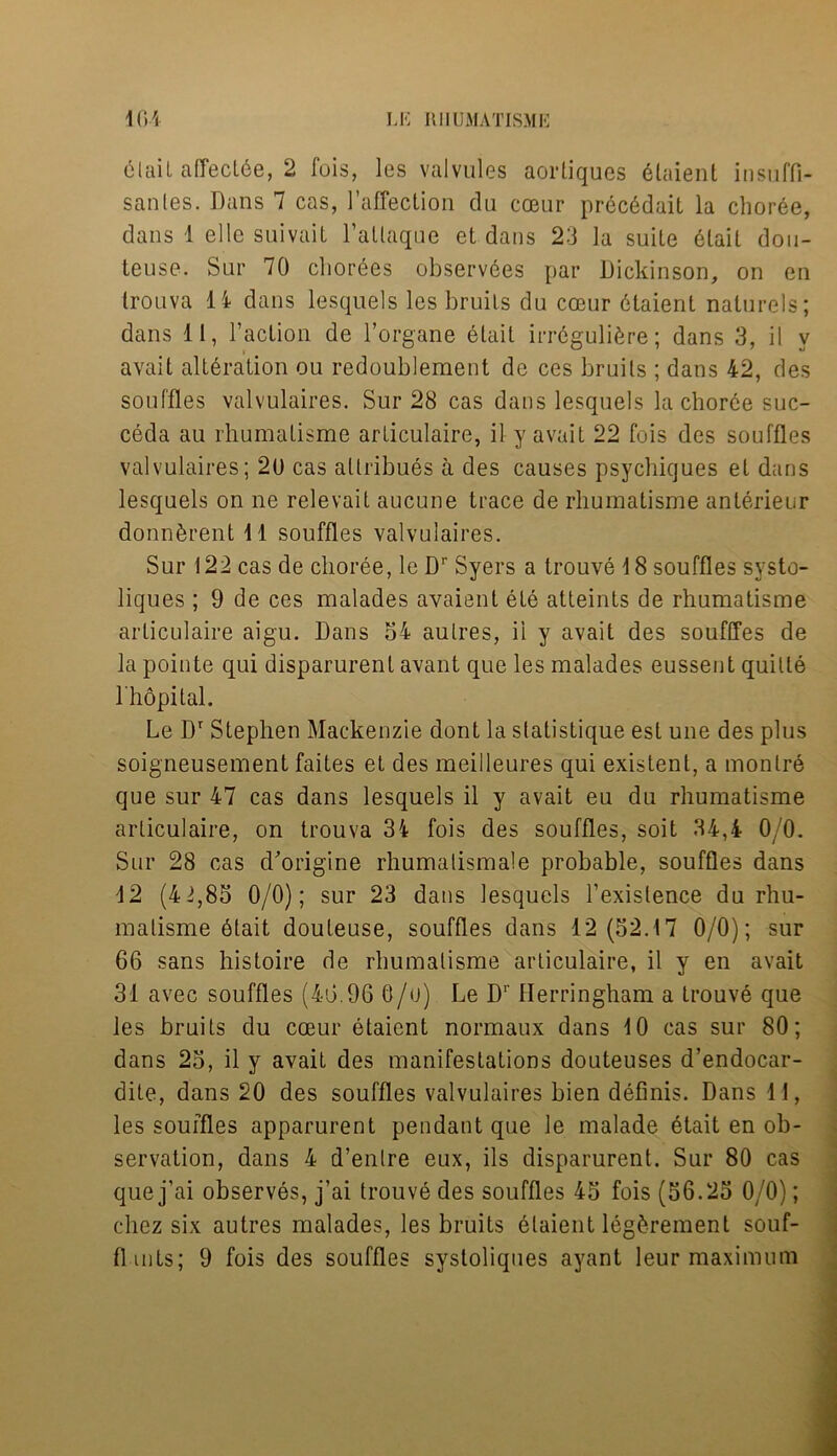 dlail affect6e, 2 fois, les valvules aortiques elaient insuffi- sanles. Dans 7 cas, l'affection du coeur prec6dait la chor6e, dans 1 elle suivait l’allaque et dans 23 la suite elait dou- teuse. Sur 70 chorees observees par Dickinson, on en trouva 14 dans lesquels les bruits du coeur dtaient naturels; dans 11, Taction de l’organe elait irreguli6re; dans 3, il v avail alteration ou redoublement de ces bruits ; dans 42, des souffles valvulaires. Sur 28 cas dans lesquels la chorde suc- ceda au rhumalisme articulaire, it y avail 22 fois des souffles valvulaires; 20 cas altribues a des causes psychiques et dans lesquels on ne relevait aucune trace de rhumatisme anterieur donn&rent 11 souffles valvulaires. Sur 122 cas de choree, le Dr Syers a trouve 18 souffles systo- liques ; 9 de ces malades avaient ete atteints de rhumatisme articulaire aigu. Dans 54 aulres, il y avail des soufffes de la pointe qui disparurent avant que les malades eussent quitte 1 hopital. Le Dr Stephen Mackenzie dont la sfatistique est une des plus soigneusement faites et des meilleures qui existent, a monlre que sur 47 cas dans lesquels il y avait eu du rhumatisme articulaire, on trouva 34 fois des souffles, soit 34,4 0/0. Sur 28 cas d'origine rhumalismale probable, souffles dans 12 (42,85 0/0); sur 23 dans lesquels l’exislence du rhu- malisme 6lait douteuse, souffles dans 12 (52.17 0/0); sur 66 sans histoire de rhumalisme articulaire, il y en avait 31 avec souffles (46.96 0/u) Le Dr Herringham a trouve que les bruits du coeur etaient normaux dans 10 cas sur 80; dans 25, il y avait des manifestations douteuses d’endocar- dite, dans 20 des souffles valvulaires bien defmis. Dans 11, les souffles apparurent pendant que le malade etait en ob- servation, dans 4 d’enlre eux, ils disparurent. Sur 80 cas que j’ai observes, j’ai trouve des souffles 45 fois (56.25 0/0); chez six autres malades, les bruits elaient legfcrement souf- fl mts; 9 fois des souffles systoliques ayant leur maximum