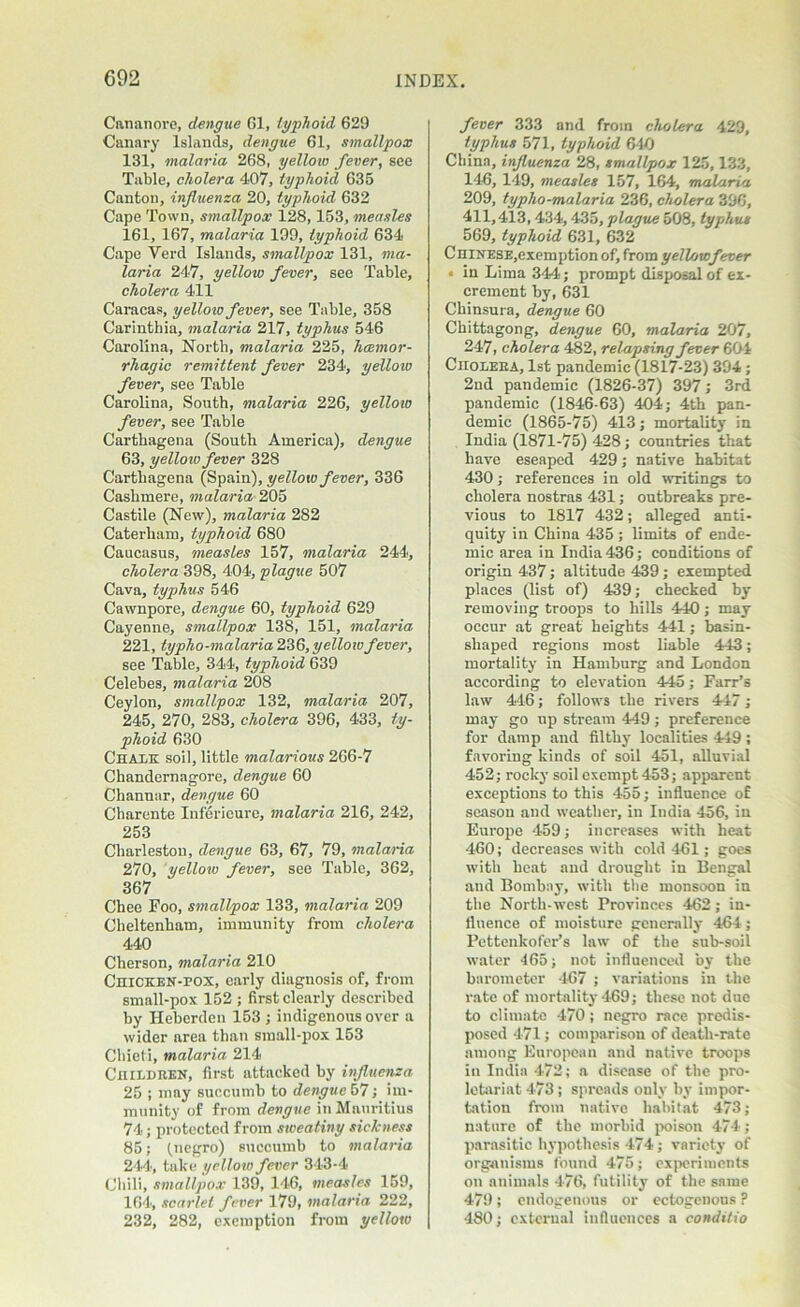 Cananore, dengue Gl, typhoid 629 Canary Islands, dengue 61, smallpox 131, malaria 268, yellow fever, see Table, cholera 407, typhoid 635 Canton, influenza 20, typhoid 632 Cape Town, smallpox 128,153, measles 161, 167, malaria 199, typhoid 634 Cape Verd Islands, smallpox 131, ma- laria 247, yellow fever, see Table, cholera 411 Caracas, yellow fever, see Table, 358 Carinthia, malaria 217, typhus 546 Carolina, North, malaria 225, hcemor- rhagic remittent fever 234, yellow fever, see Table Carolina, South, malaria 226, yellow fever, see Table Carthagena (South America), dengue 63, yellow fever 328 Carthagena (Spain), yellow fever, 336 Cashmere, malaria 205 Castile (New), malaria 282 Caterliam, typhoid 680 Caucasus, measles 157, malaria 244, cholera 398, 404, plague 507 Cava, typhus 546 Cawnpore, dengue 60, typhoid 629 Cayenne, smallpox 138, 151, malaria 221, typho-malaria 236, yellow fever, see Table, 344, typhoid 639 Celebes, malaria 208 Ceylon, smallpox 132, malaria 207, 245, 270, 283, cholera 396, 433, ty- phoid 630 Chalk soil, little malarious 266-7 Chandernagore, dengue 60 Channar, dengue 60 Charente Infericure, malaria 216, 242, 253 Charleston, dengue 63, 67, 79, malaria 270, yellow fever, see Table, 362, 367 Chee Foo, smallpox 133, malaria 209 Cheltenham, immunity from cholera 440 Cherson, malaria 210 Chicken-pox, early diagnosis of, from small-pox 152 ; first clearly described by Heberden 153 ; indigenous over a wider area than small-pox 153 Chieti, malaria 214 Children, first attacked by influenza 25 ; may succumb to dengue 57; im- munity of from dengue in Mauritius 74; protected from sweating sickness 85; (negro) succumb to malaria 244, take yellow fever 343-4 Chili, smallpox 139, 146, measles 159, 164, scarlet fever 179, malaria 222, 232, 282, exemption from yellow fever 333 and from cholera 429, typhus 571, typhoid 610 China, influenza 28, smallpox 125,133, 146, 149, measles 157, 164, malaria 209, typho-malaria 236, cholera 396, 411,413,434,435, plague 508, typhus 569, typhoid 631, 632 CniNESE.exemption of, from yellowfever • in Lima 344; prompt disposal of ex- crement by, 631 Chinsura, dengue 60 Chittagong, dengue 60, malaria 207, 247, cholera 482, relapsing fever 604 Ciioleea, 1st pandemic (1817-23) 394 ; 2nd pandemic (1826-37) 397; 3rd pandemic (1846-63) 404; 4th pan- demic (1865-75) 413; mortality in India (1871-75) 428; countries that have eseaped 429; native habitat 430; references in old writings to cholera nostras 431; outbreaks pre- vious to 1817 432; alleged anti- quity in China 435 ; limits of ende- mic area in India 436; conditions of origin 437; altitude 439; exempted places (list of) 439; checked by removing troops to hills 440; may occur at great heights 441; hasin- sliaped regions most liable 443; mortality in Hamburg and London according to elevation 445; Farr’s law 416; follows the rivers 447; may go up stream 449; preference for damp and filthy localities 449; favoring kinds of soil 451, alluvial 452; rocky soil exempt 453; apparent exceptions to this 455; influence of season and weather, in India 456, in Europe 459; increases with heat 460; decreases with cold 461; goes with heat and drought in Bengal and Bombay, with the monsoon in the North-west Provinces 462; in- fluence of moisture generally 464; Pcttenkofer’s law of the sub-soil water 465; not influenced by the barometer 467 ; variations in the rate of mortality 469; these not due to climate 470; negro race predis- posed 471; comparison of death-rate among European and native troops in India 472; a disease of the pro- letariat 473; spreads only by impor- tation from native habitat 473; nature of the morbid poison 474; parasitic hypothesis 474; variety of organisms found 475; experiments on animals 4-76, futility of the same 479; endogenous or ectogcnous ? 480; external influences a conditio