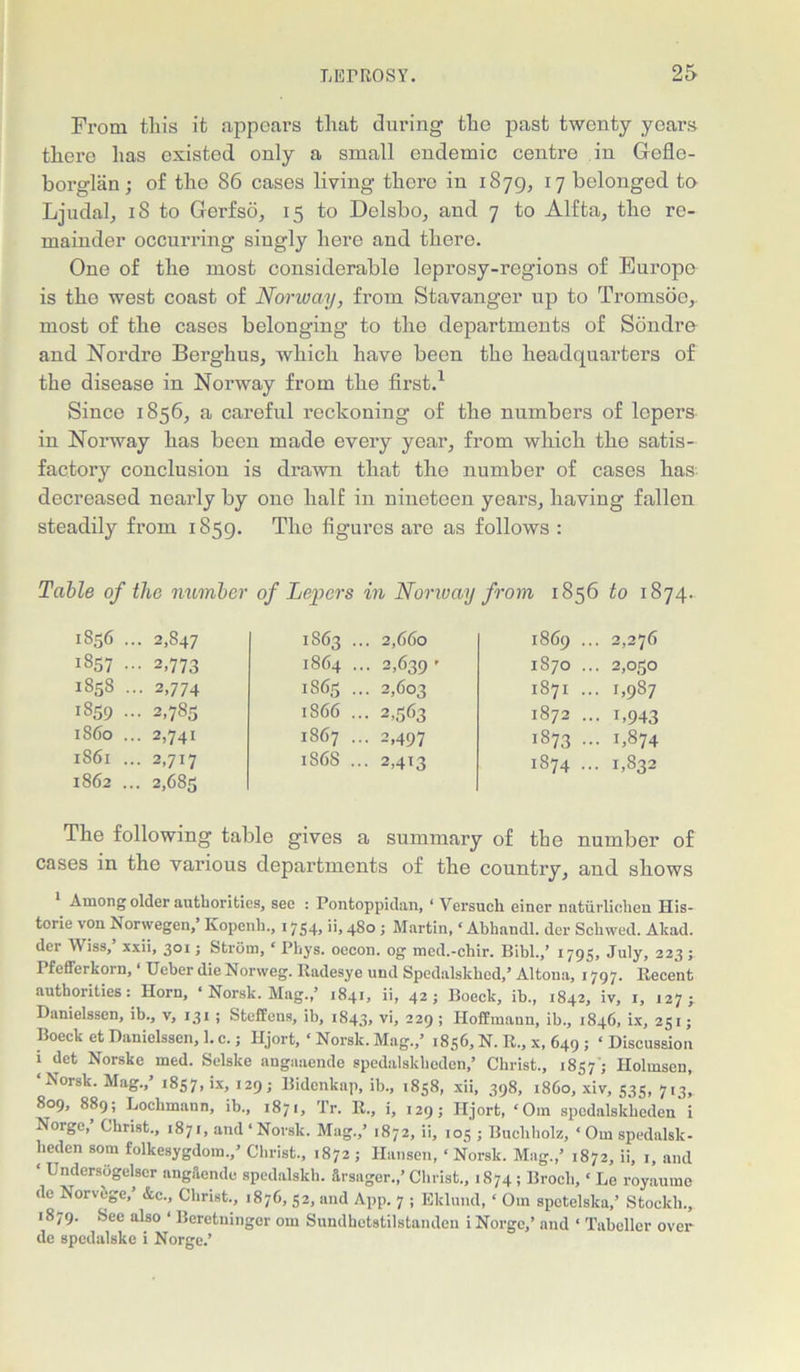 From tliis it appears that during the past twenty years there has existed only a small endemic centre in Geflo- borglan; of the 86 cases living there in 1879, 17 belonged to Ljudal, 18 to Gerfso, 15 to Delsbo, and 7 to Alfta, the re- mainder occurring siugly here and there. One of the most considerable leprosy-regions of Europu is the west coast of Norway, from Stavanger up to Tromsoe,. most of the cases belonging to the departments of Sondre and Nordre Berghus, which have been the headquarters of the disease in Norway from the first.1 Since 1856, a careful reckoning of the numbers of lepers in Norway has been made every year, from which the satis- factory conclusion is drawn that the number of cases has decreased nearly by one half in nineteen years, having fallen steadily from 1859. The figures are as follows : Table of the number of Lepers in Norway from 1856 to 1874. 1856 . CO n 1863 . . 2,660 t°\ CO . 2,276 1857 ■ • 2»773 1864 . • 2,639 ’ CO 0 . 2,050 1858 . • 2,774 1865 . ■ 2,603 1871 . • 1,987 1859 . • 2,785 1866 . • 2,563 n t^> CO • 1.943 i860 . • 2,741 1867 . • 2,497 1873 • . 1,874 IS6I . • 2,717 186S .. • 2,413 1874 . • 1,832 1862 .. . 2,685 The following table gives a summary of tbe number of cases in the various departments of the country, and shows Among older authorities, sec : Pontoppidan, ‘ Versuch einer natiirlichen His- torie von Norwegen,’ Kopenh., 1754, ii, 480 j Martin, ‘ Abhandl. der Schwed. Akad. der Wiss,’ xxii, 301; Strom, ‘ Phys. occon. og med.-chir. Bibl.,’ 1795, July, 223 ; Pfefferkorn, ‘ Ueber die Norweg. Radesye und Spedalsklied,’ Altoua, 1797. Recent authorities: Horn, ‘ Norsk. Mag.,’ 1841, ii, 42; Bocck, ib., 1842, iv, 1, 127; Danielssen, ib., v, 131 ; Steffens, ib, 1843, vi, 229 ; Hoffmann, ib., 1846, ix, 251; Boeck et Danielssen, 1. c.; Hjort, ‘ Norsk. Mag.,’ 1856, N. R„ x, 649 ; ‘ Discussion 1 det Norskc med. Selske angaaende spedalskhedcn,’ Christ., 1857'; Holmsen, Norsk. Mag.,’ 1857, ’x, I29i Bidenkap, ib., 1858, xii, 398, i860, xiv, 535, 713, 809, 889; Lochmann, ib., 1871, Tr. R., i, 129; Hjort, ‘Om spcdalskheden’i Norge,’ Christ., 1871, and‘Norsk. Mag.,’ 1872, ii, 105 ; Bucliholz, * Om spedalsk- beden som folkesygdom.,’ Christ., 1872 ; Hansen, ‘ Norsk. Mag.,’ 1872, ii, 1, and ‘ Undersdgelser angftende spedalskh. arsager.,’Christ., 1874; Broch, ‘ Le royaume de Norvege,’ &c., Christ., 1876, 52, and App. 7 ; Eklund, ‘ Om spctelska,’ Stockh., 1879. See also ‘ Beretninger om Sundhetstilstanden i Norge,’ nnd ‘ Tabeller over de spedalske i Norge.’