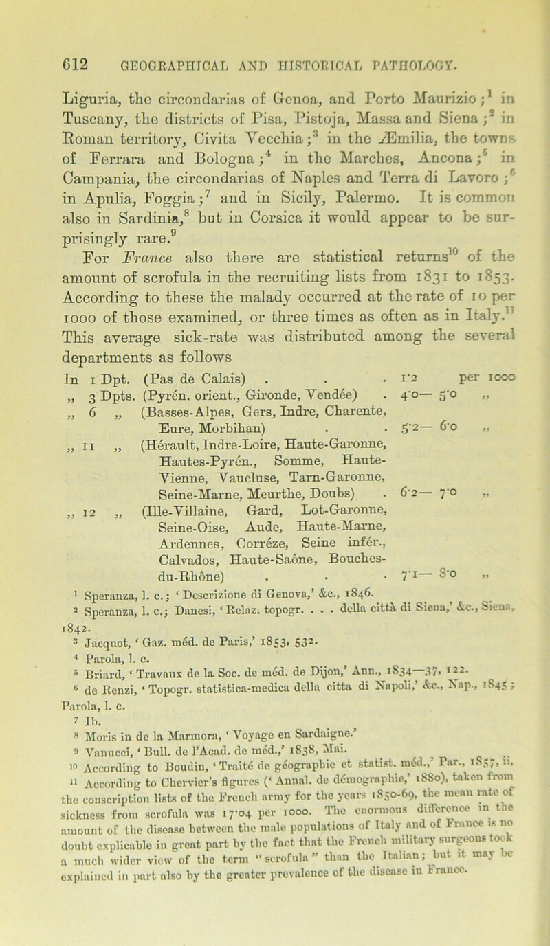 Liguria, the circondarias of Genoa, and Porto Maurizio;1 in Tuscany, tlio districts of Pisa, Pistoja, Massa and Siena;2 in Homan territory, Civita Yeccliia;3 in the ./Emilia, the towns of Ferrara and Bologna;4 in the Marches, Ancona;' in Campania, the circondarias of Naples and Terra di Lavoro ;c in Apulia, Foggia ;7 and in Sicily, Palermo. It is common also in Sardinia,8 but in Corsica it would appear to be sur- prisingly rare.9 For France also there are statistical returns10 of the amount of scrofula in the recruiting lists from 1831 to 1853. According to these the malady occurred at the rate of 1 o per 1000 of those examined, or three times as often as in Italy.' This average sick-rate was distributed among the several departments as follows In 1 Dpt. (Pas de Calais) „ 3 Dpts. (Pyren. orient., Gironde, Vendee) „ 6 „ (Basses-Alpes, Gers, Indre, Charente Eure, Morbikan) „ 1 x „ (Herault, Indre-Loire, Haute-Garonne Hautes-Pyren., Somme, Haute Vienne, Vaucluse, Tarn-G aronne Seine-Marne, Meurtke, Doubs) „ 12 „ (Ille-Villaine, Gard, Lot-Garonne Seine-Oise, Aude, Haute-Marne Ardennes, Correze, Seine infer. Calvados, Haute-Saone, Bouckes du-Rkone) 1*2 per 1000 4’°— 5'° » 5-2— 60 6'2— 7 0 7-i— S-o 1 Speranza, ]. c.; ‘ Descrizione di Genova,’ &c., 1846. 2 Speranza, 1. c.; Danesi, ‘ Relaz. topogr. . . . della cittA di Siena,’ Ac., Siena, 1842. 3 Jacqnot, ' Gaz. med. de Paris,’ 1853, 532. 4 Parola, 1. c. 5 Briard, ‘ Travaux de la Soc. de med. de Dijon,’ Ann., 1834 37> 1 22- 0 de Renzi, ‘ Topogr. statistica-medica della citta di Napoli,’ Ac., Nap., 1845 ? Parola, 1. c. 7 Il)- 8 Moris in de la Marmora,' Voyage en Sardaigne.’ 3 Vanucci, ‘ Bull, de l’Acad. de med.,’ 18381 Mai. 10 According to Boudin, ‘Traitd de geographic et statist. rniid., P*r- >837,11, n According to Cliervier’s figures (‘ Annal. de demographic,’ 18S0), taken from the conscription lists of the French army for the years 1850-69, the mean rate o sickness from scrofula was 17-04 per 1000. The enormous difference in tie amount of the disease between the male populations of Italy and of France is no doubt explicable in great part by the fact that the French military surgeons took a much wider view of the term “scrofula” than the Italian; but it may be explained in part nlso by the greater prevalence of the disease in I ranee.