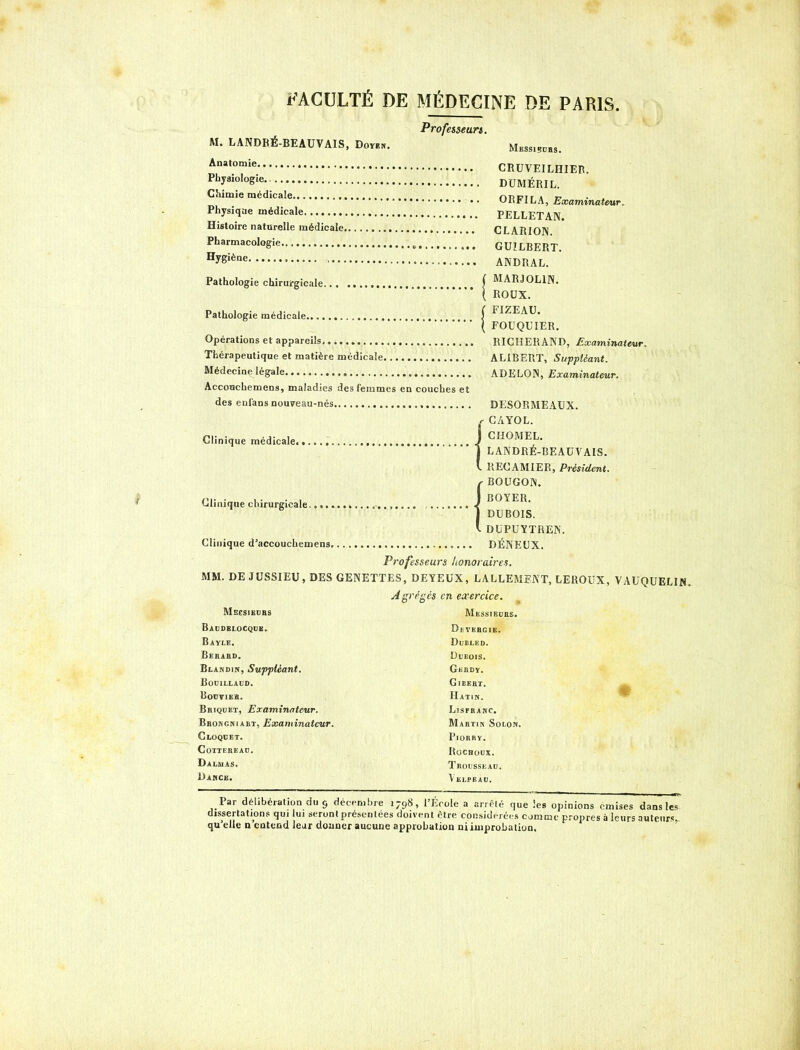 MCÜLTÉ DE MÉDECINE DE PARIS. M. LANDRÉ-BEAUVAIS, Doven. Anatomie Physiologie. Chimie médicale Physiqae médicale Histoire naturelle médicale Pharmacologie Hygiène Pathologie chirurgicale Pathologie médicale Opérations et appareils, Thérapeutique et matière médicale... Médecine légale Accouchemens, maladies des femmes des enfans nouveau-nés Clinique médicale. Clinique chirurgicale Clinique d’accouchemens. Professeur». Mbssibobs. CRUVEILHIER. DUMÉRIL. ORFILA, ^æaminafewr. PELLETAN. CLARION. » GUILBERT. ANDRAL. f MARJOLIN. t ROUX. ( FIZEAU. ( FOUQUIER. RICHERAND, Examinateur. ALIBERT, Suppléant. ADELON, Examinateur. couches et DESORMEAUX. r GAYOL. J CHOMEE. I LANDRÉ-BEAUVAIS. V. RECAMIER, Président. {BOUGON. BOYER. DUBOIS. DÜPUYTREN. DENEUX. Professeurs honoraires. MM. DE JUSSIEU, DES GENETTES, DEYEUX, LALLEMENT, LEROUX, VAÜQÜELIN. Agrégés en exercice. Mecsieobs Messibdrs. Baddelocqde. Bayle. Berabd. Blandik, Suppléant. Boüilladd. Bouvier. Briquet, Examinateur. Bbongniaet, Examinateur. CoiTEREAU. Dalmas. Dahce. Par délibération du 9 décembre 1798, l’École a arrêté que les opinions émises dans les dissertations qui ui seront présentées doivent être considerée.s comme propres à leurs auteurs, qu elie a catead leur douacr aucune approbatiou ni improbation.